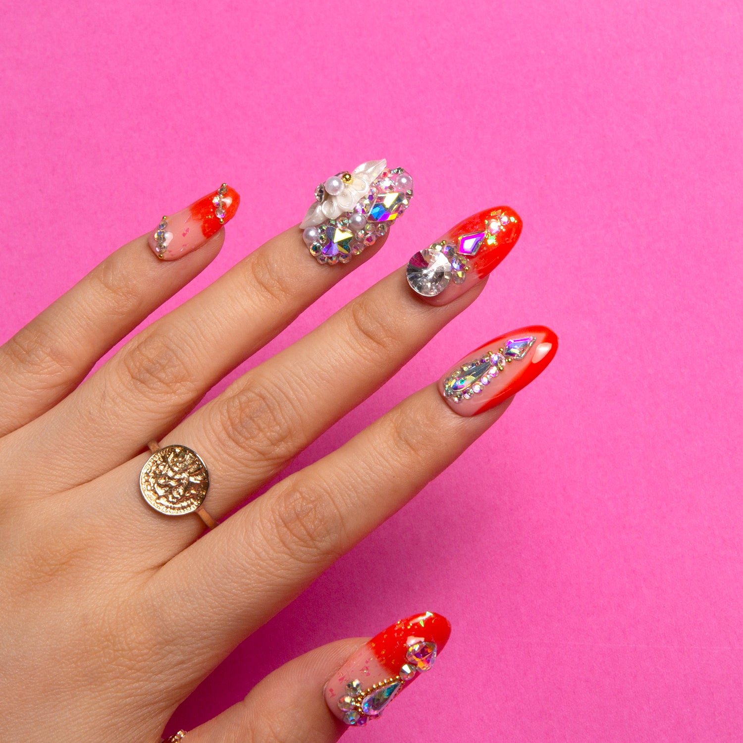 Sleeping Beauty Press-on Nails - Orange Rhinestone Acrylic