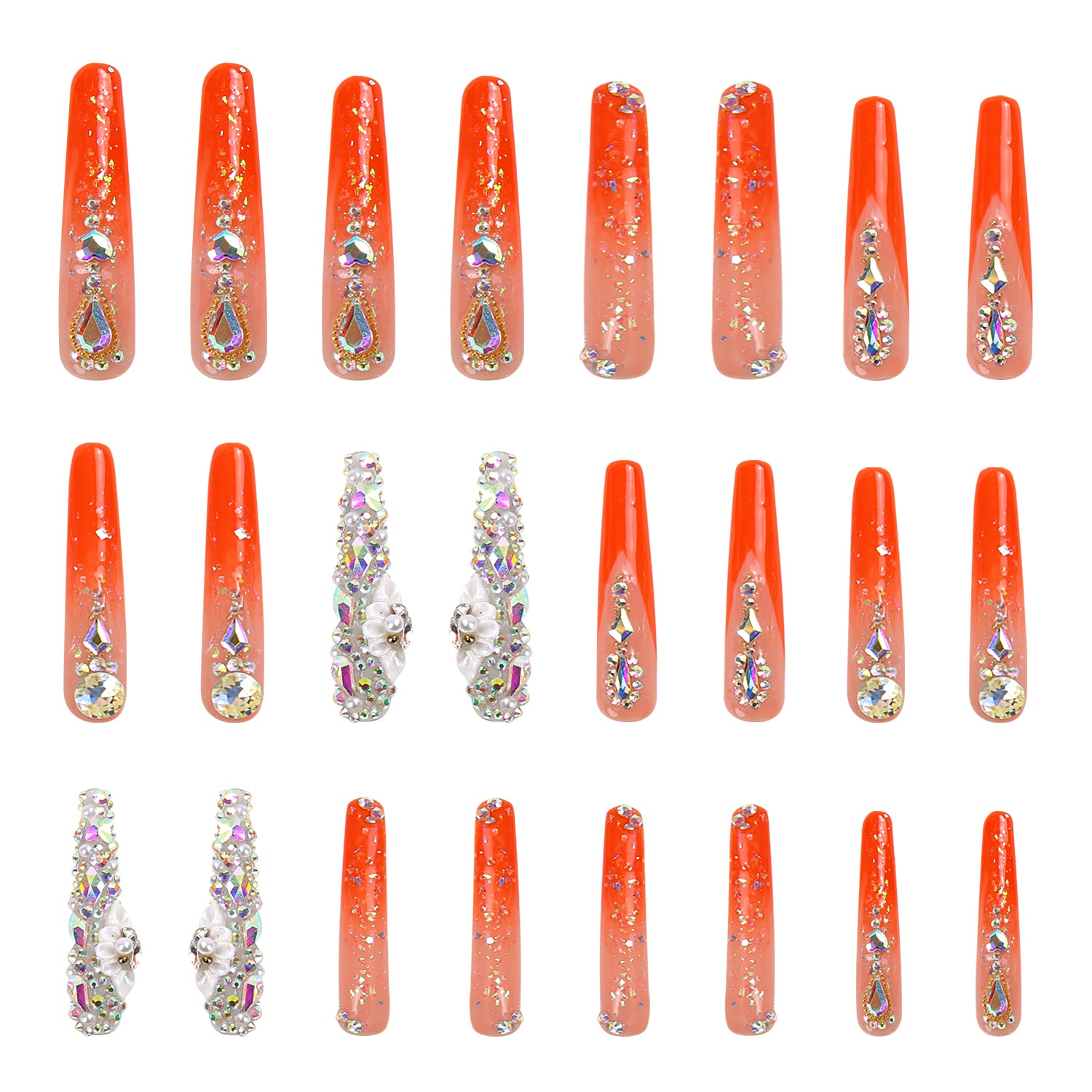 Sleeping Beauty Press on Nails - Orange Rhinestone Design