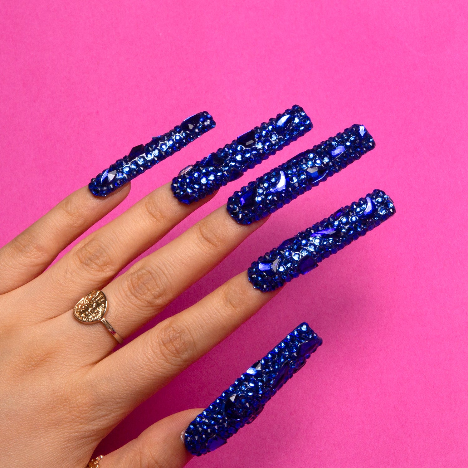 Sparkling blue rhinestone press on nails, Deep Sea design