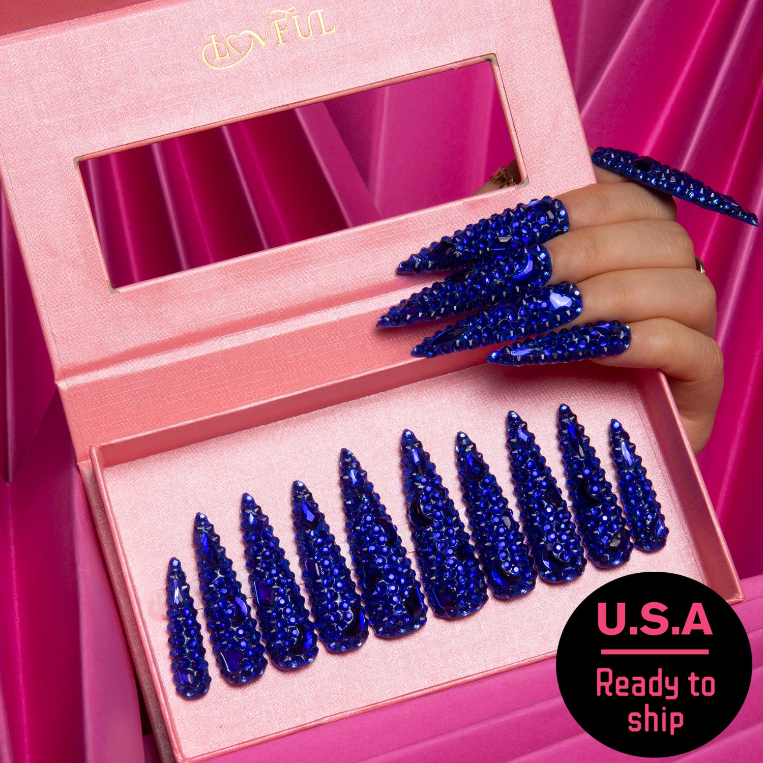 Deep Sea Classic Rhinestone Handmade Stiletto Nails H75 RTS