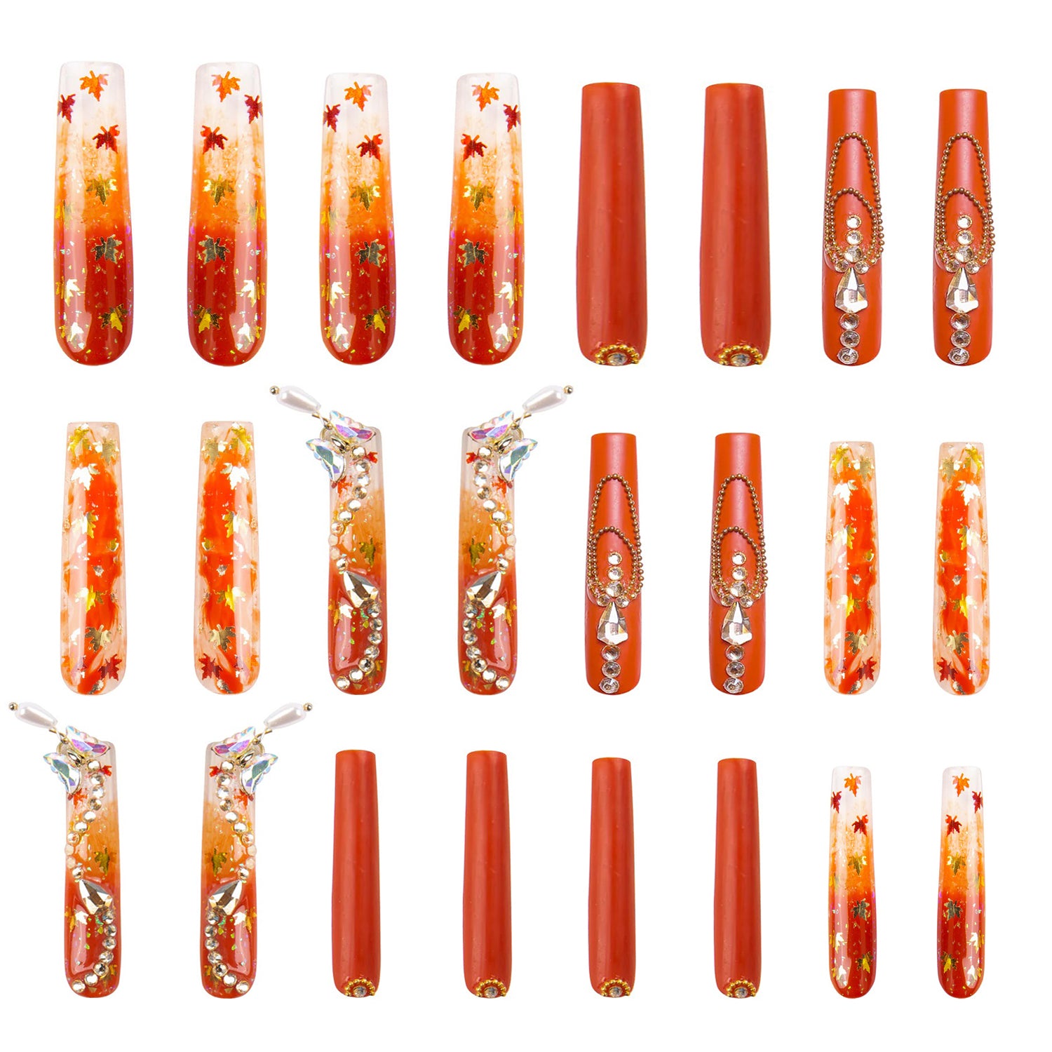 Fall press-on nails with maple leaf and gemstone design