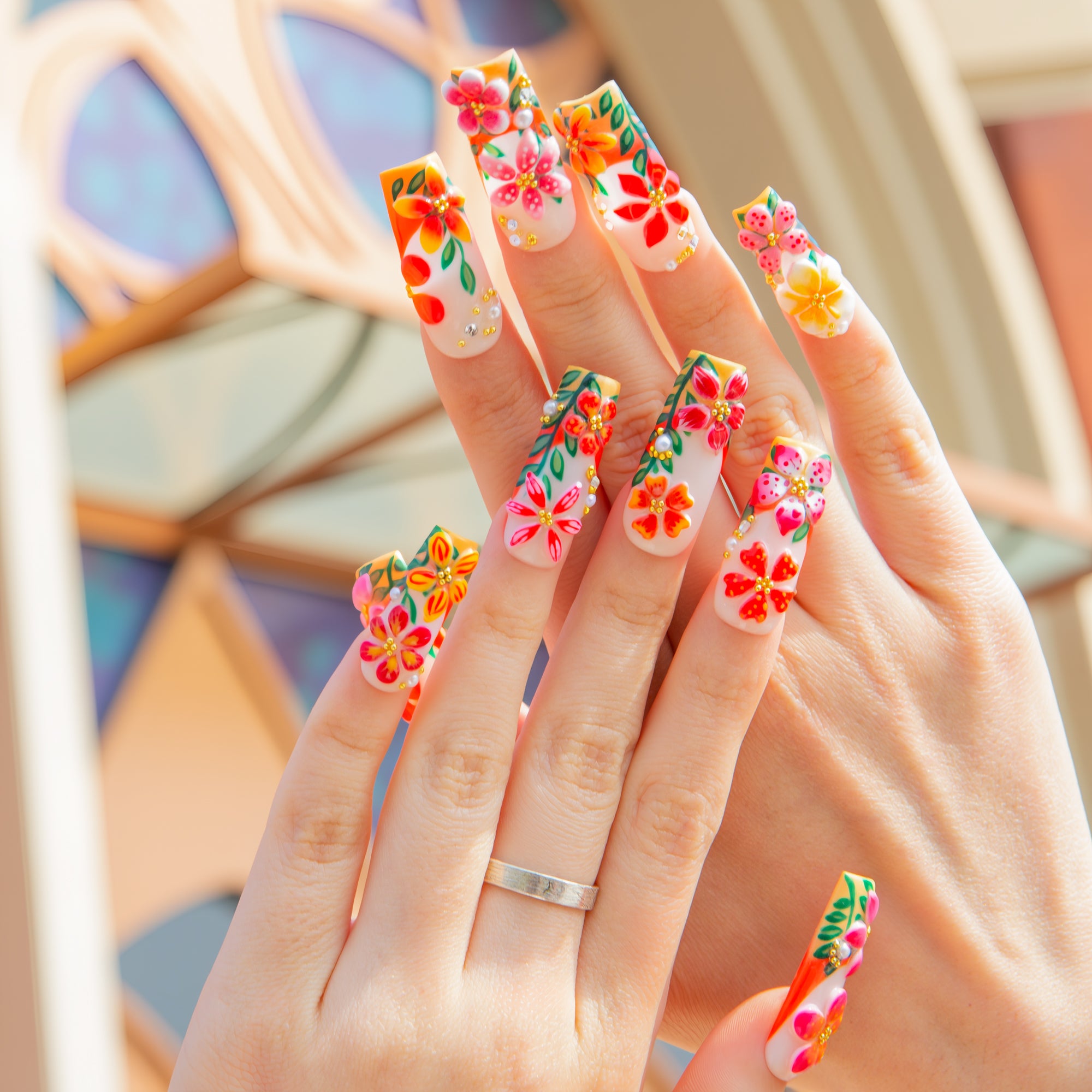 Sunset Garden Handmade Square Nails H786 RTS