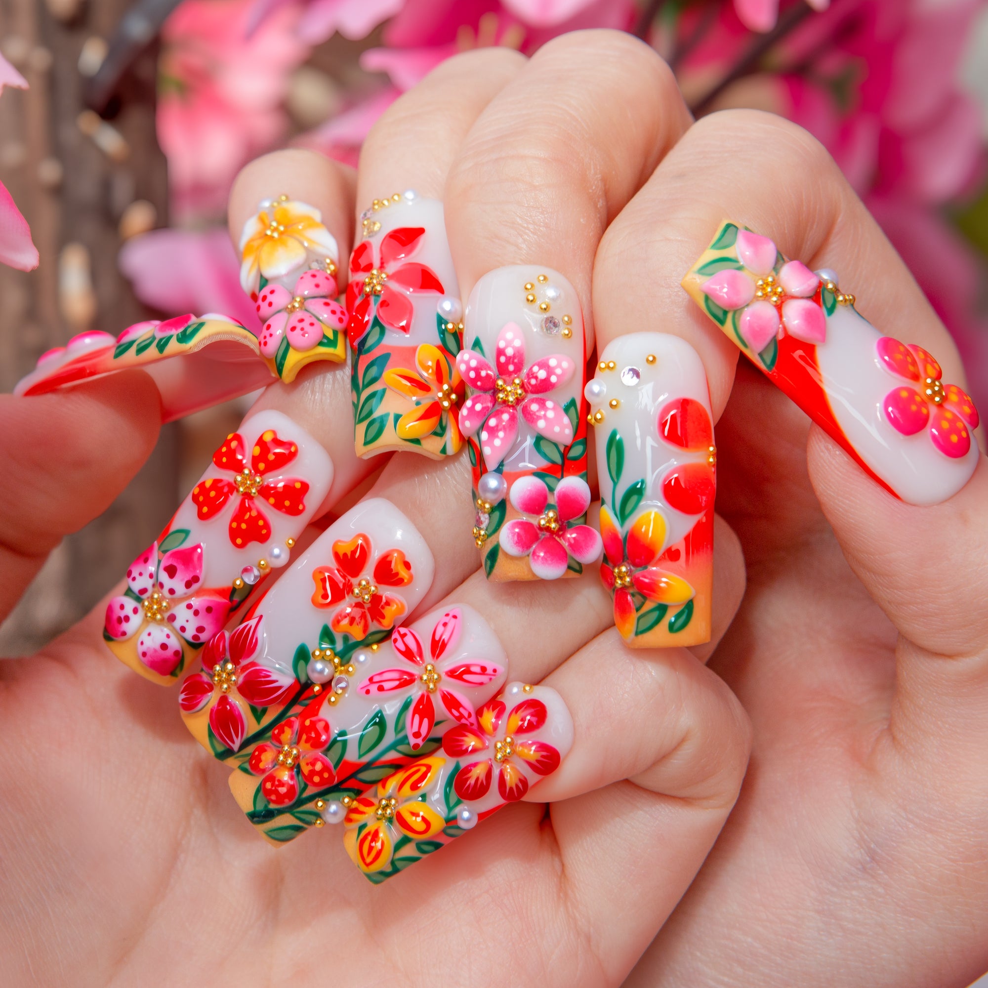 Sunset Garden Handmade Square Nails H786 RTS