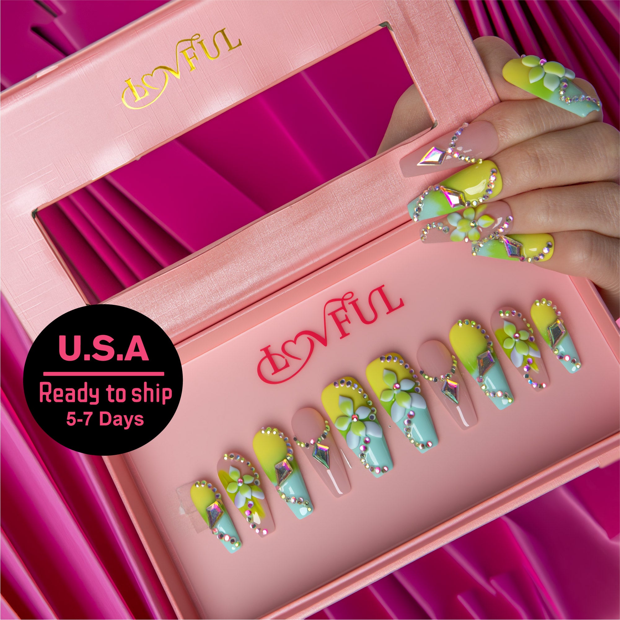 Mint Crystal Handmade Coffin Nails H788 RTS