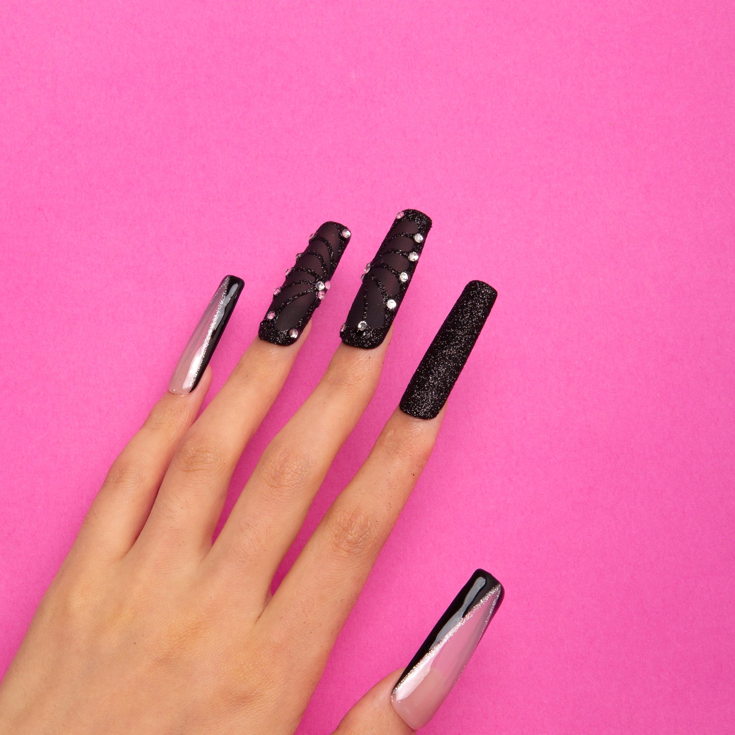 Black square press-on nails with rhinestones and glitter, ready to ship