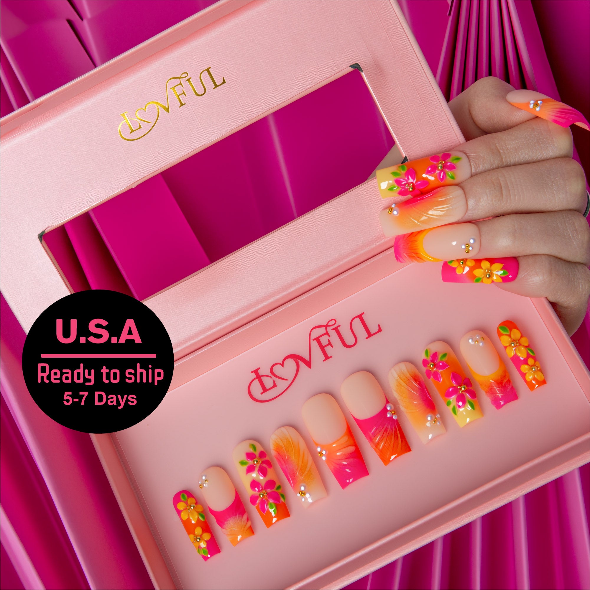 Tangerine Hour Handmade Square Nails H790 RTS