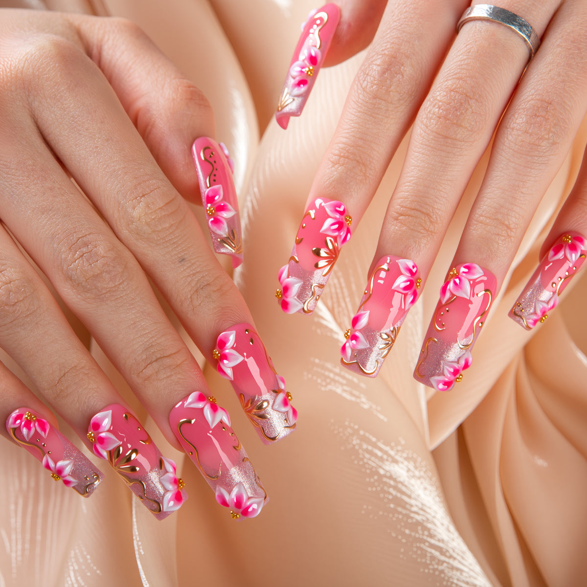 Pink Gilded Handmade Square Nails H791 RTS