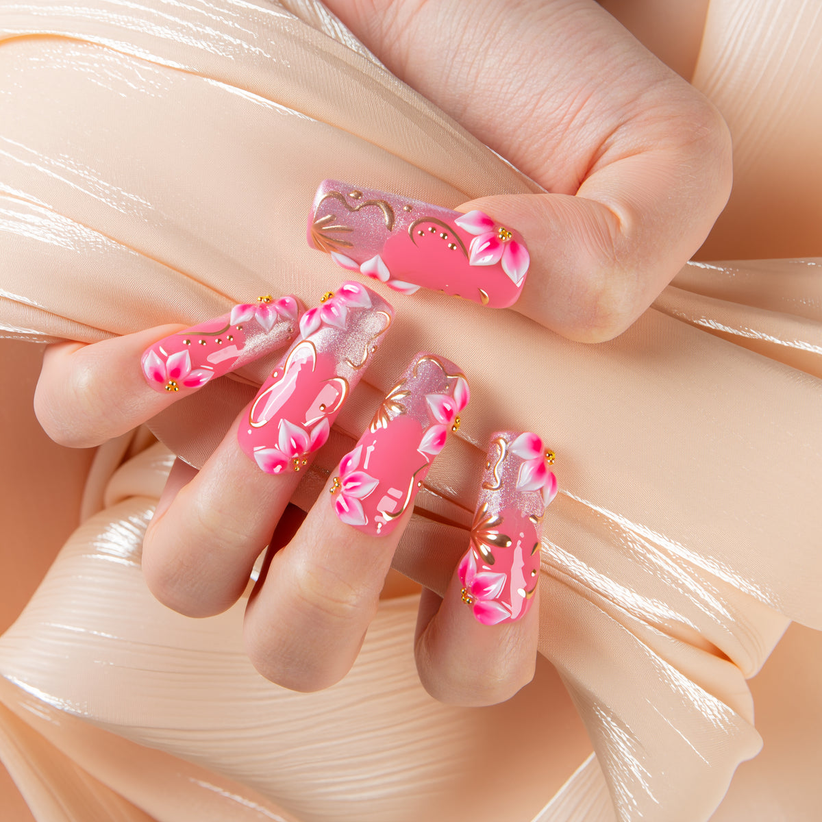 Pink Gilded Handmade Square Nails H791 RTS