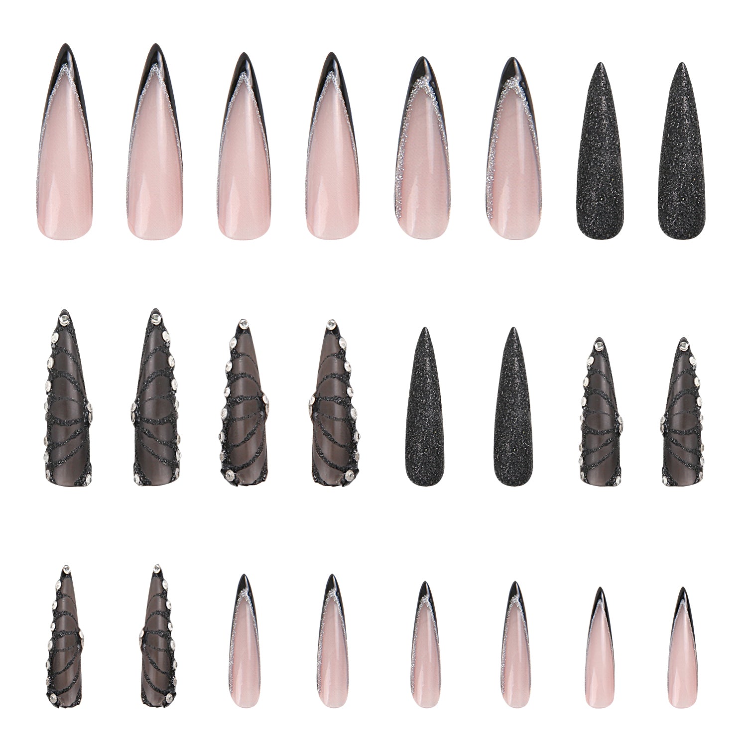 24 Pcs Press on Nails set named Dancing Spirit (H79) featuring a mix of pale pink with black French tips, glittery black nails, and black lace designs with white decorations.