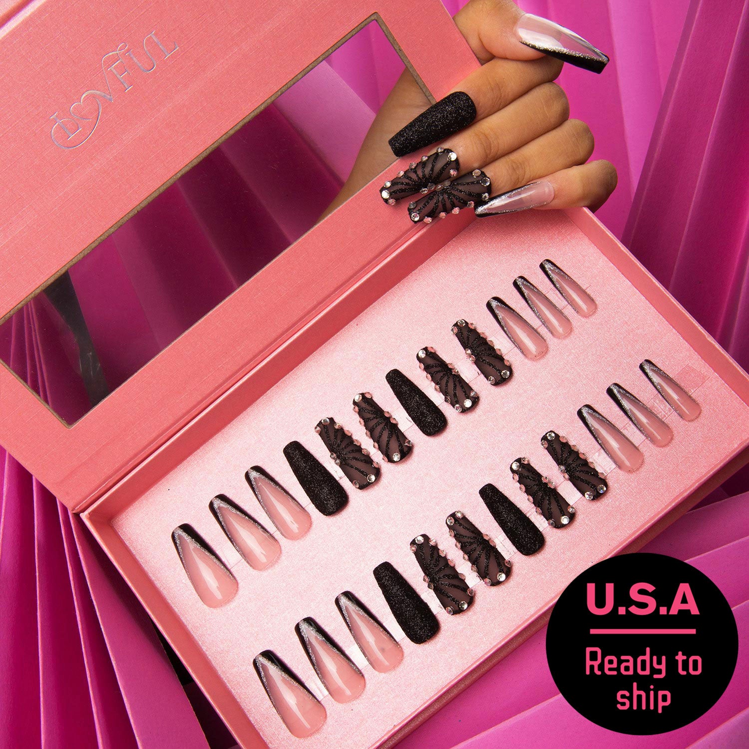 24 Pcs Press on Nails 'Dancing Spirit' from Lovful.com in a pink box with black and pink designs, featuring 'U.S.A Ready to ship' text