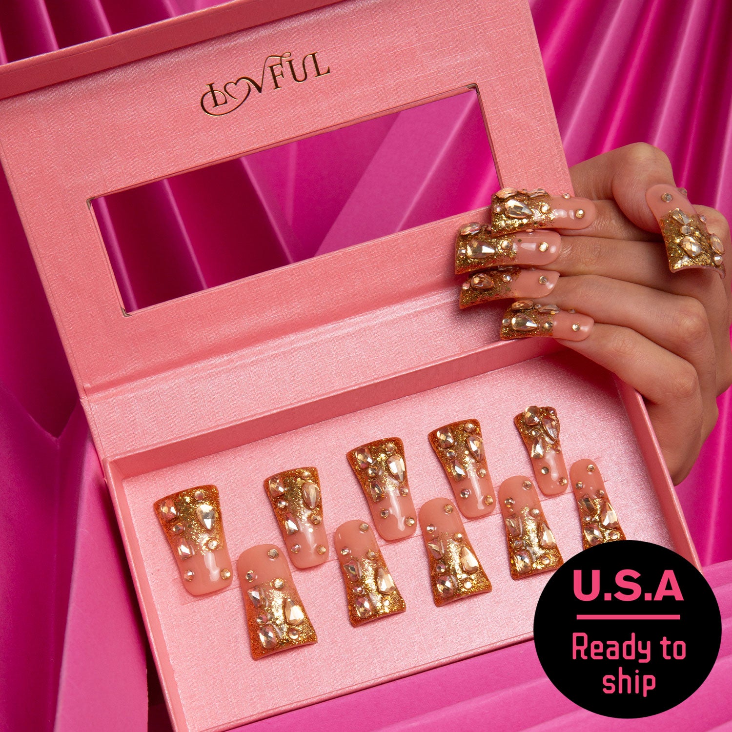 Stardust Gold Rhinestone Duck Nails H84 - Ready to Ship