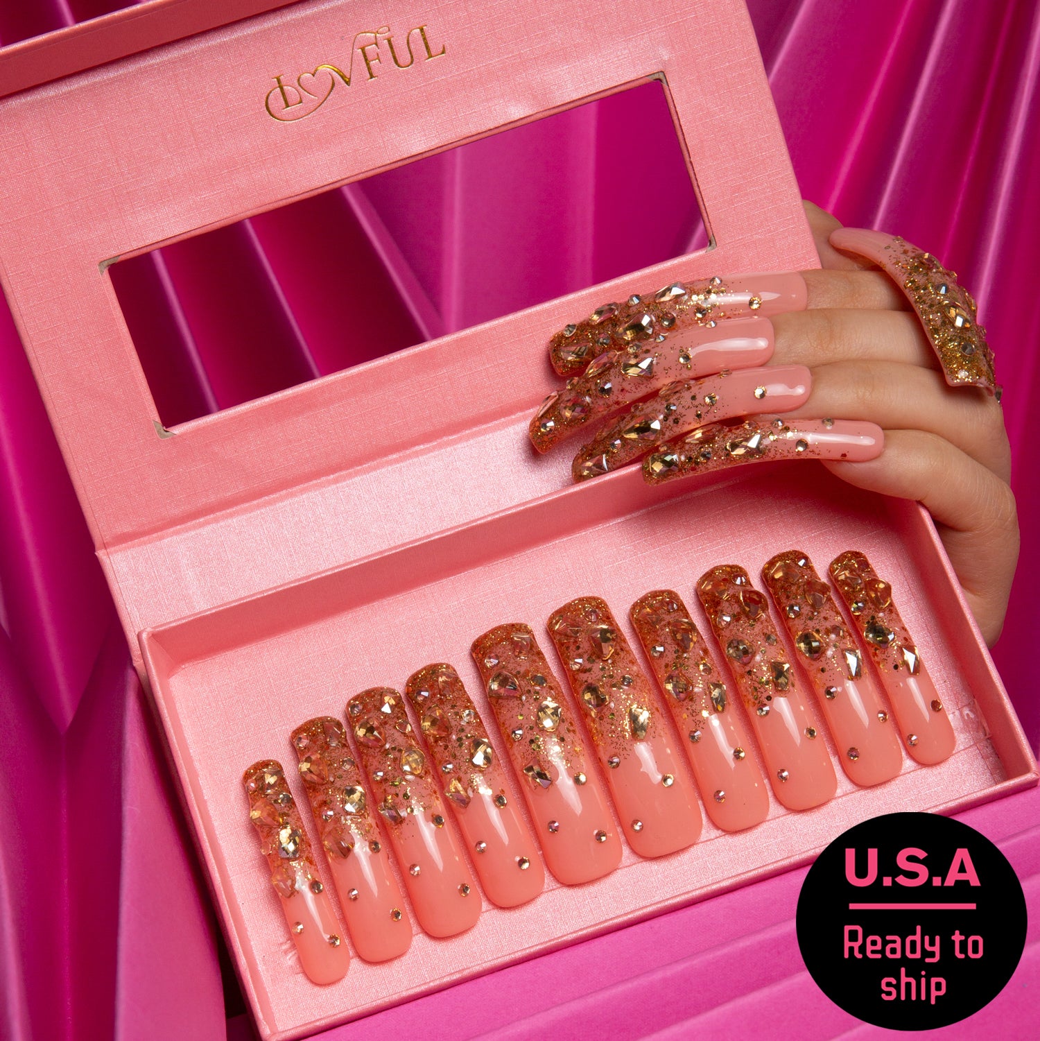 Stardust Gold Rhinestone Handmade Curve Nails H84 RTS