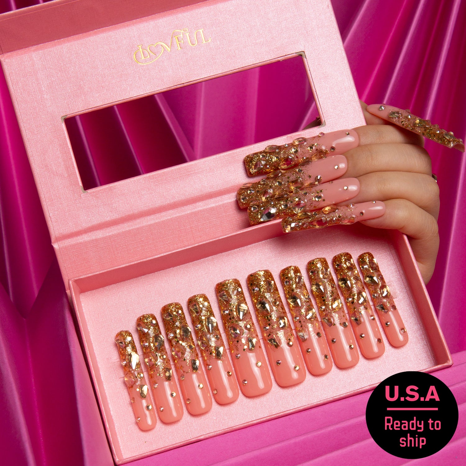 Stardust Gold Rhinestone Handmade Square Nails H84 RTS