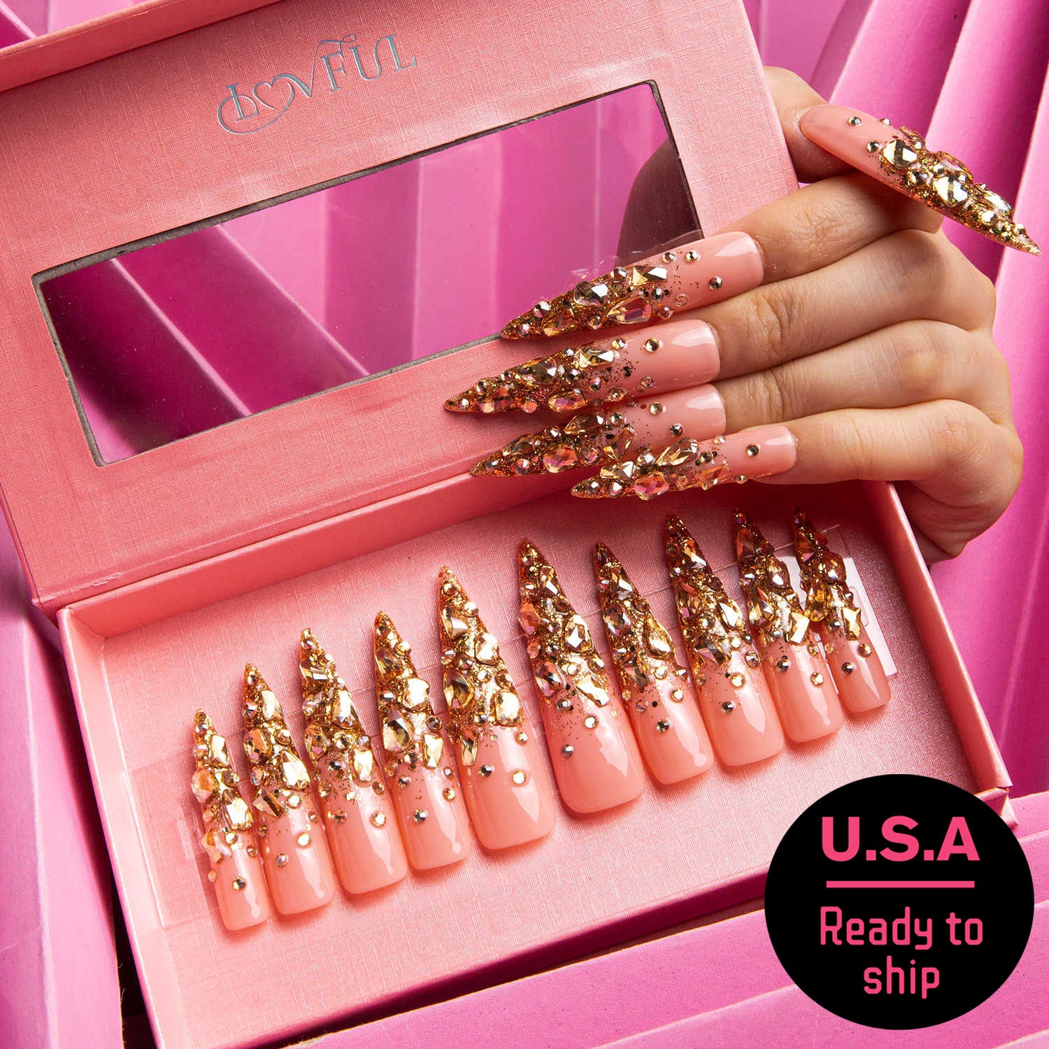 Stardust Gold Rhinestone Handmade Stiletto Nails H84 RTS