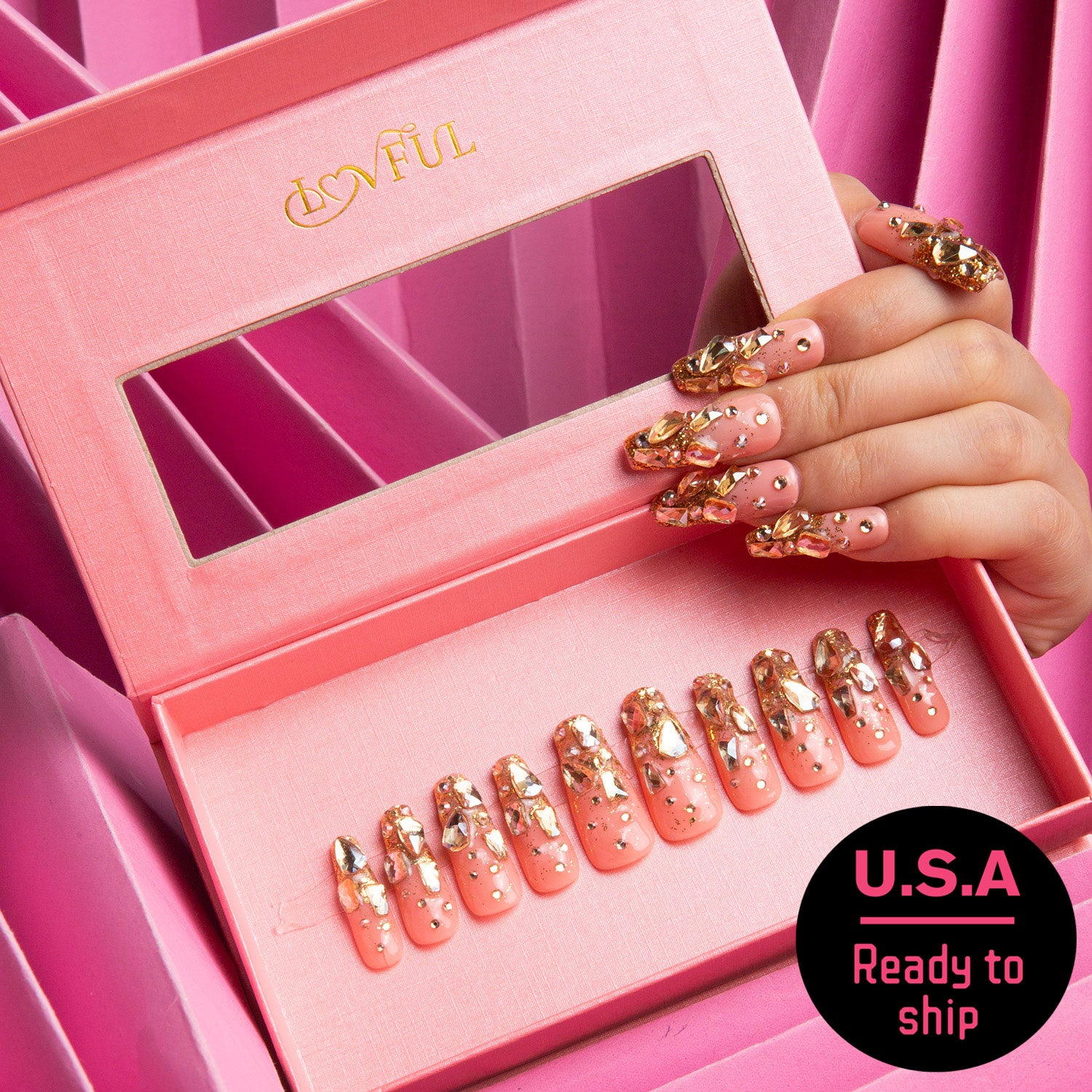 Stardust Gold Rhinestone Handmade Coffin Nails H84 RTS - Ready to Ship