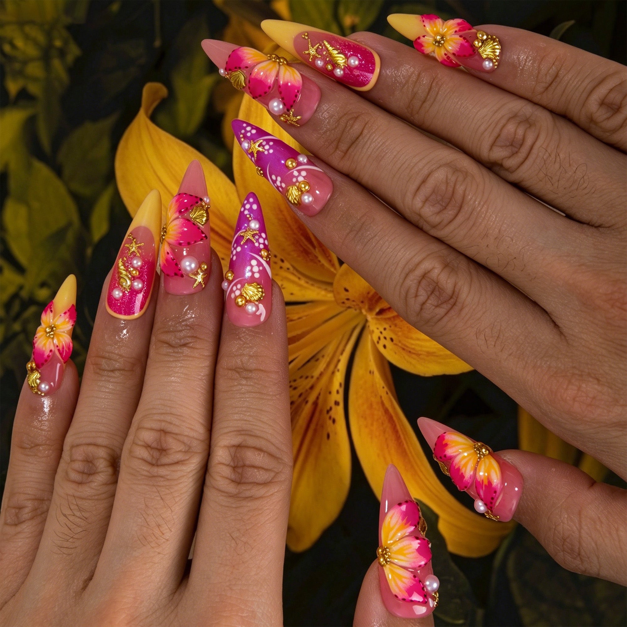 Sunset Hibiscus Handmade Nails H880