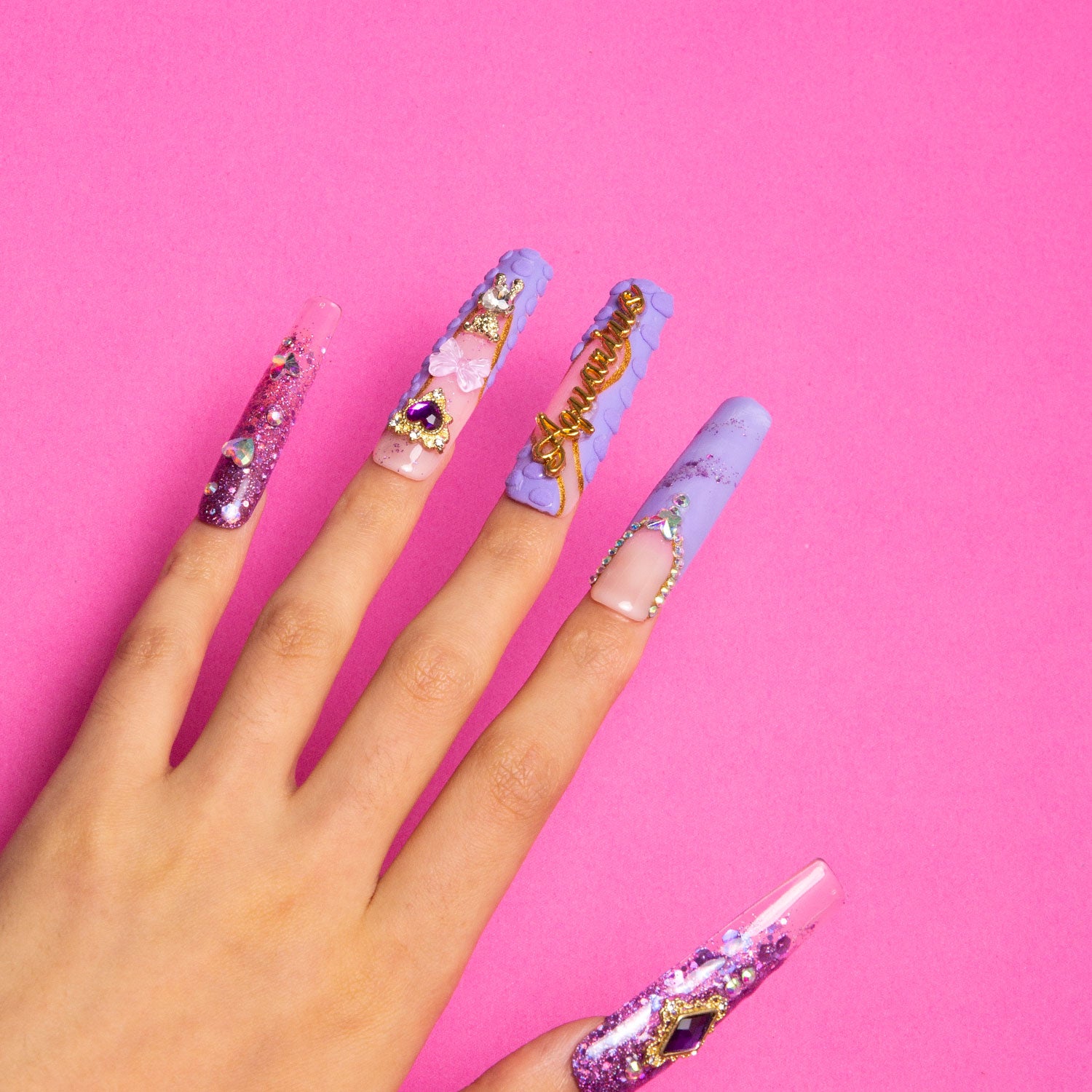 Aquarius purple press-on nails with gem and glitter detail