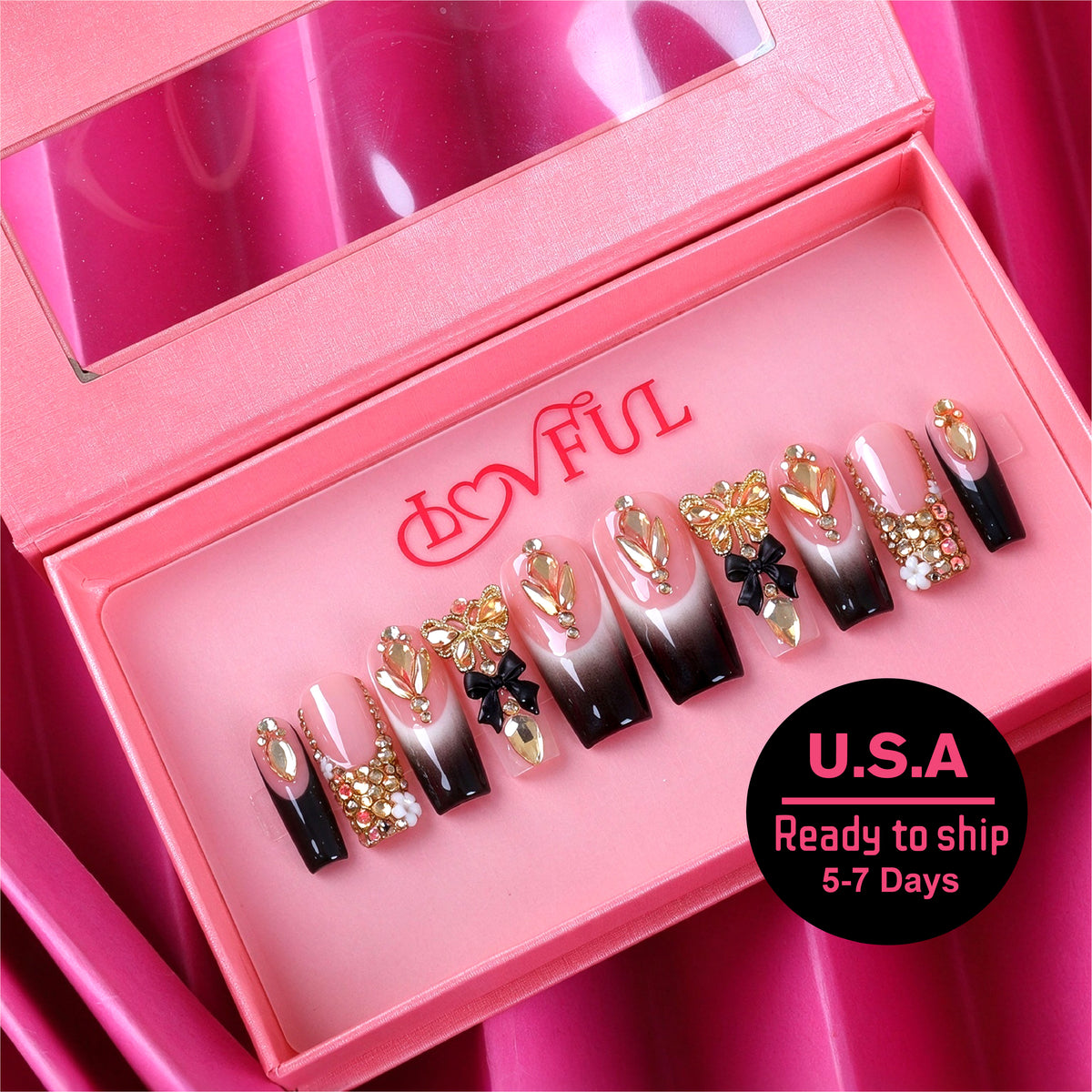 Queen of Midnight Handmade Square Nails H899 RTS