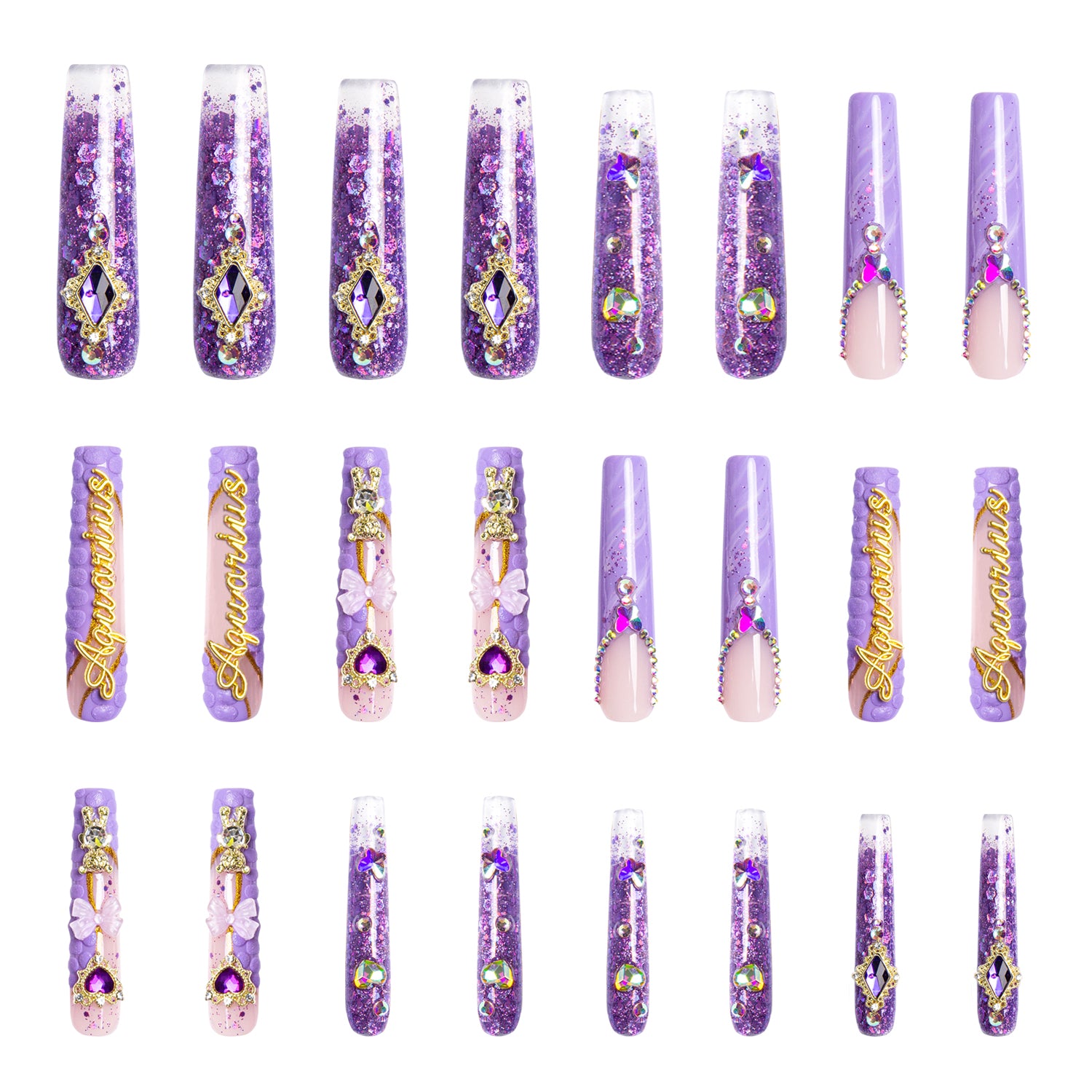 Aquarius purple press-on acrylic nails, 24pcs H89