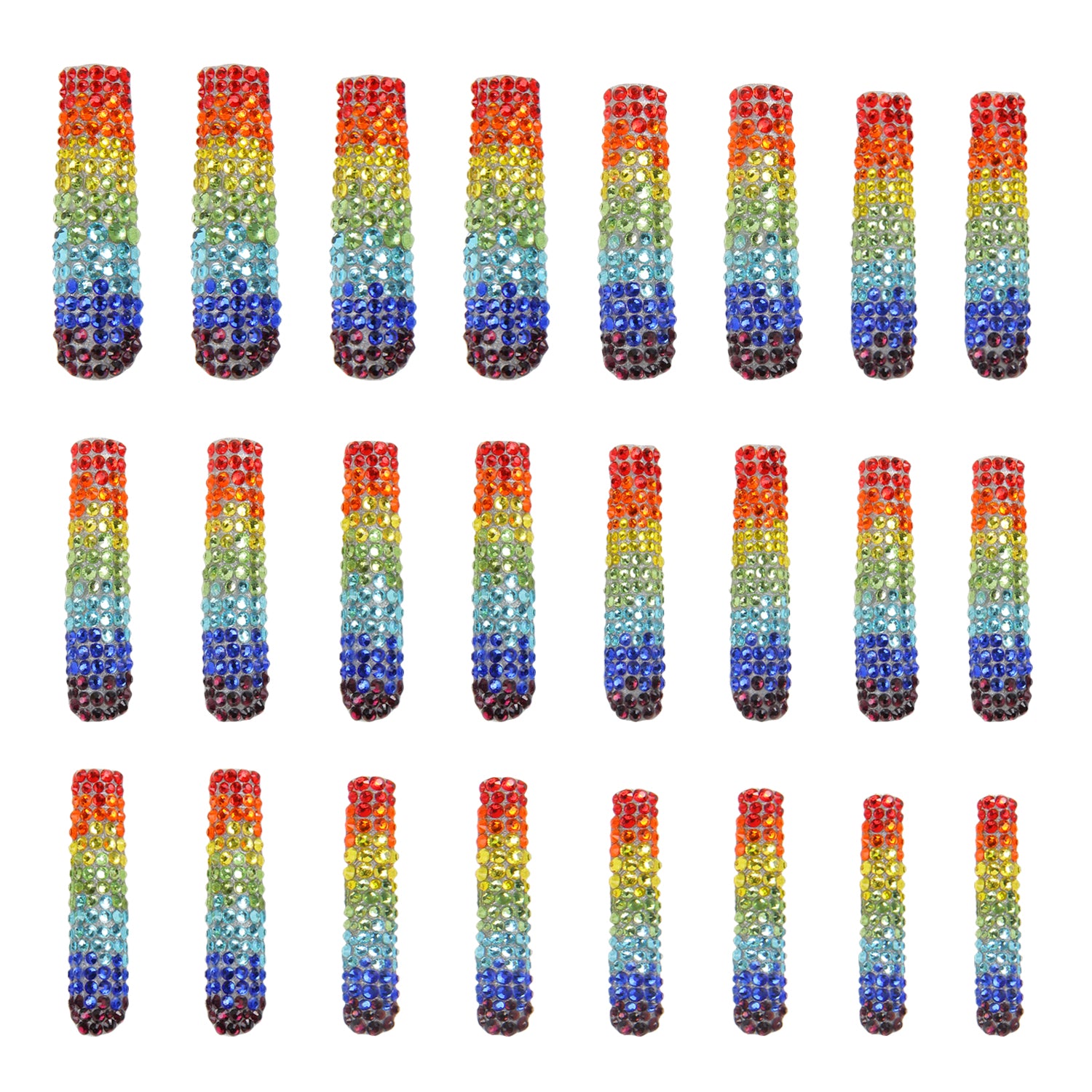 Rainbow press-on nails, 24pcs set with colorful rhinestones.