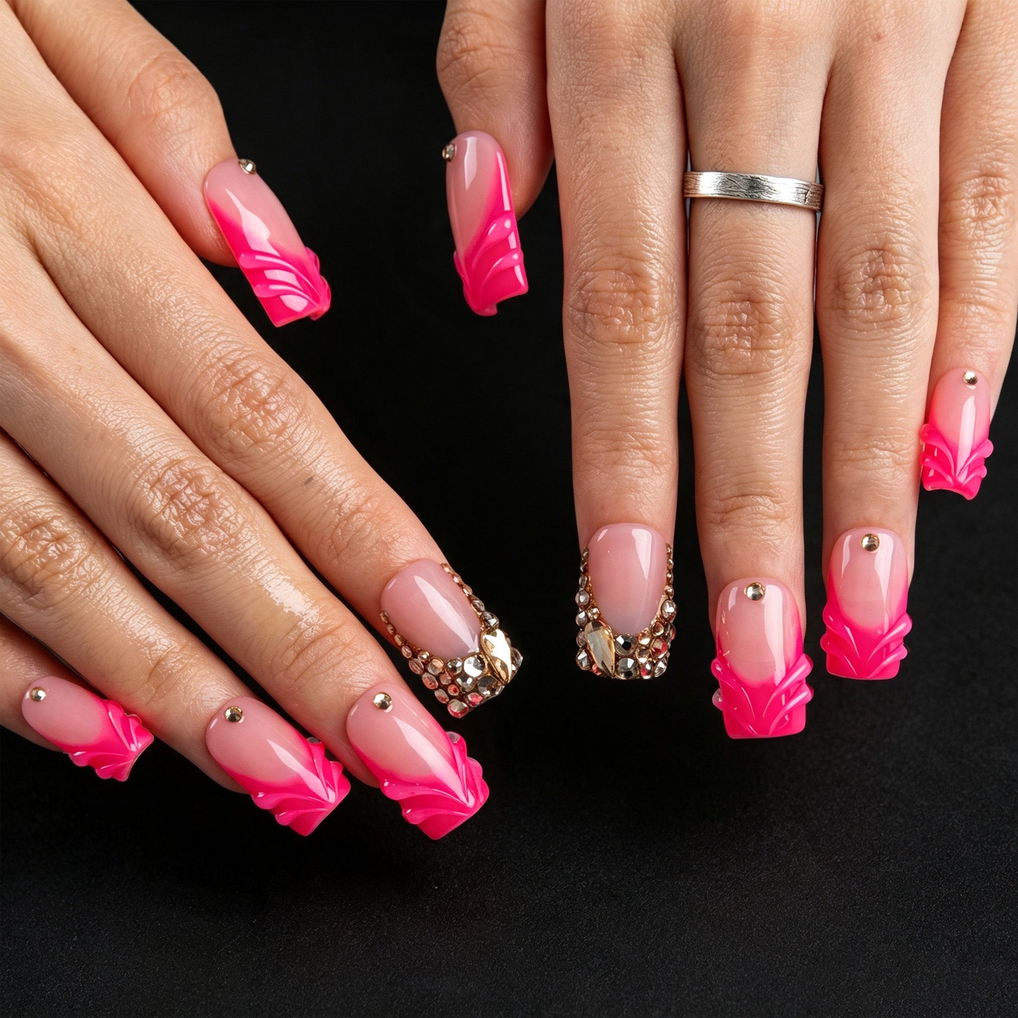 Hot Pink Glow Handmade Nails H920