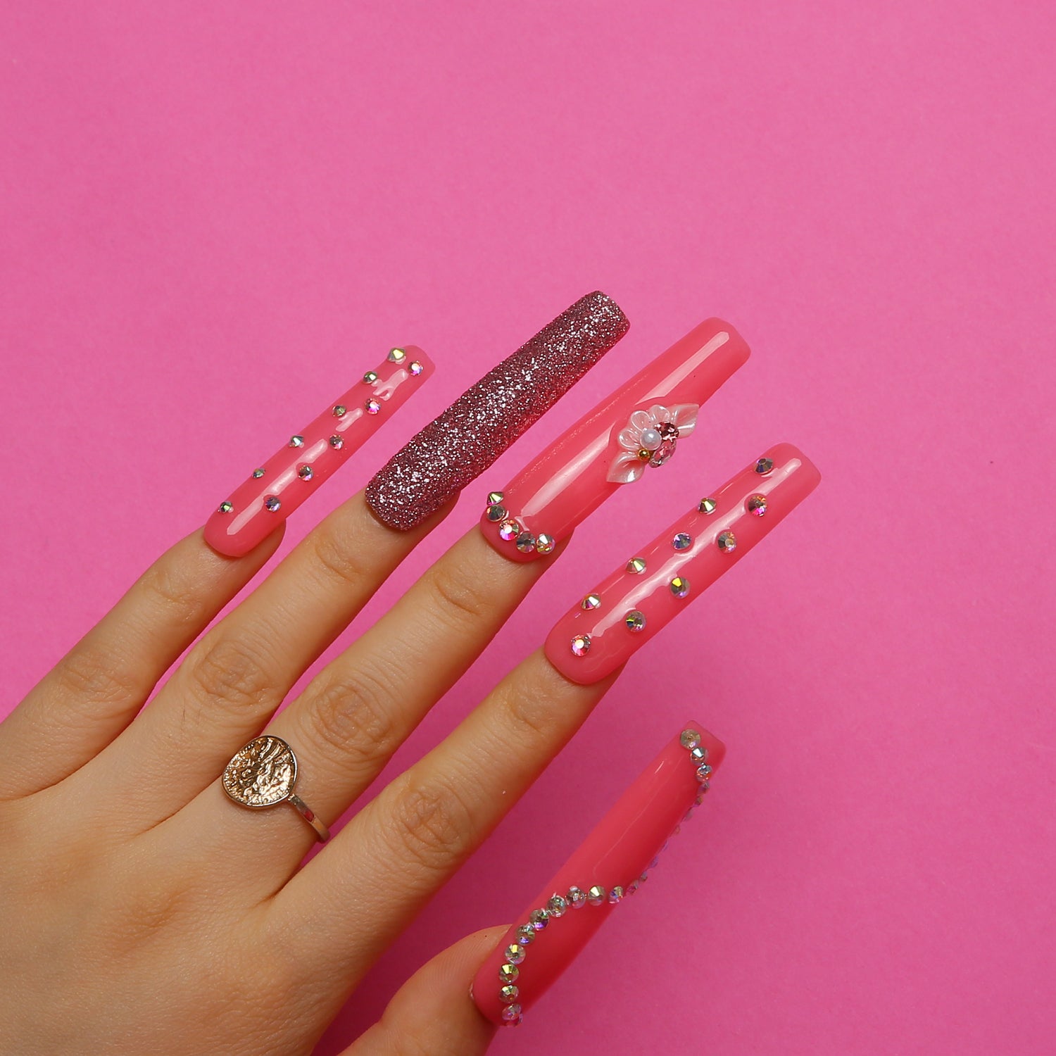 Shimmer Blossom Pink Handmade Square Nails H96 RTS