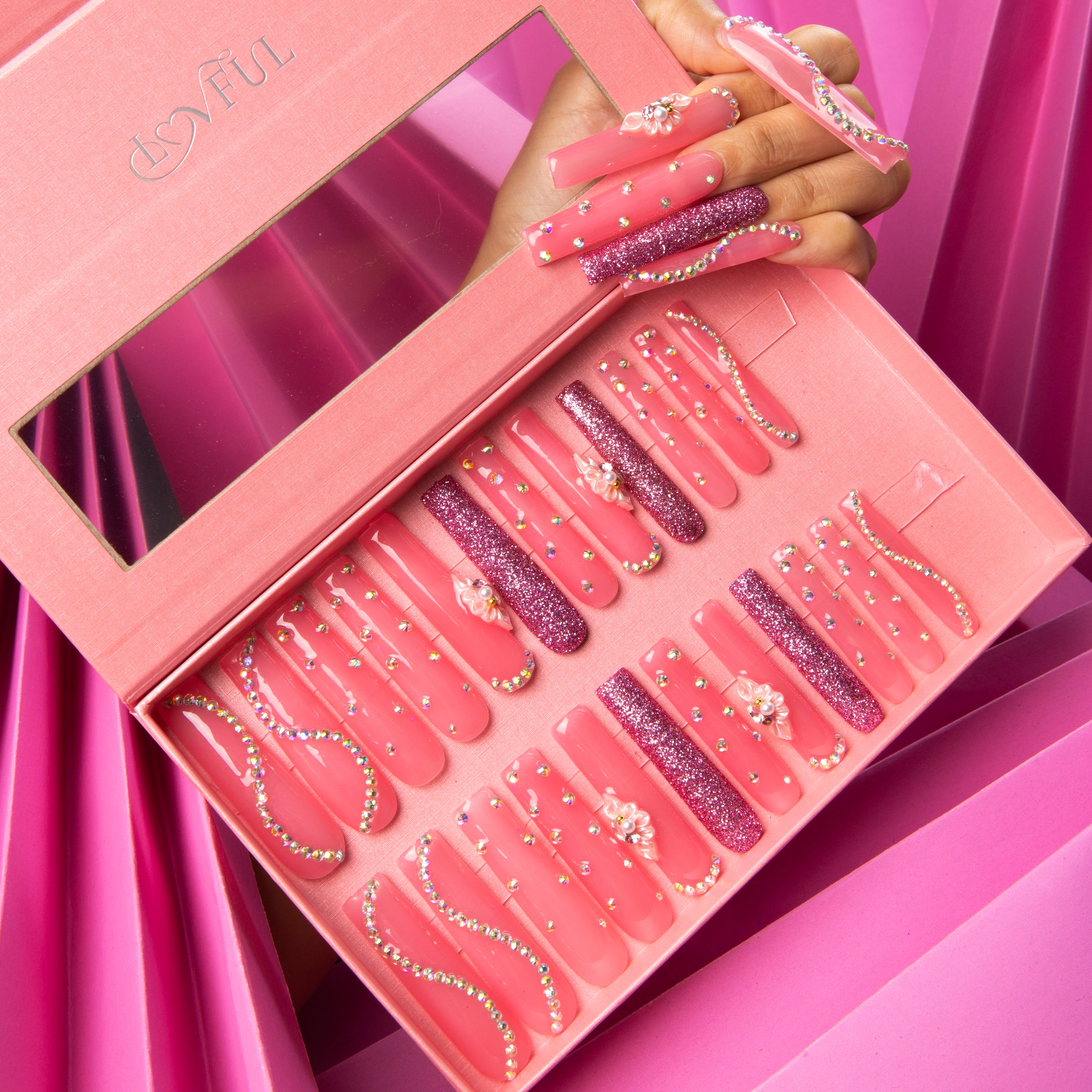 Shimmer Blossom Pink Handmade Nails 24pcs H96