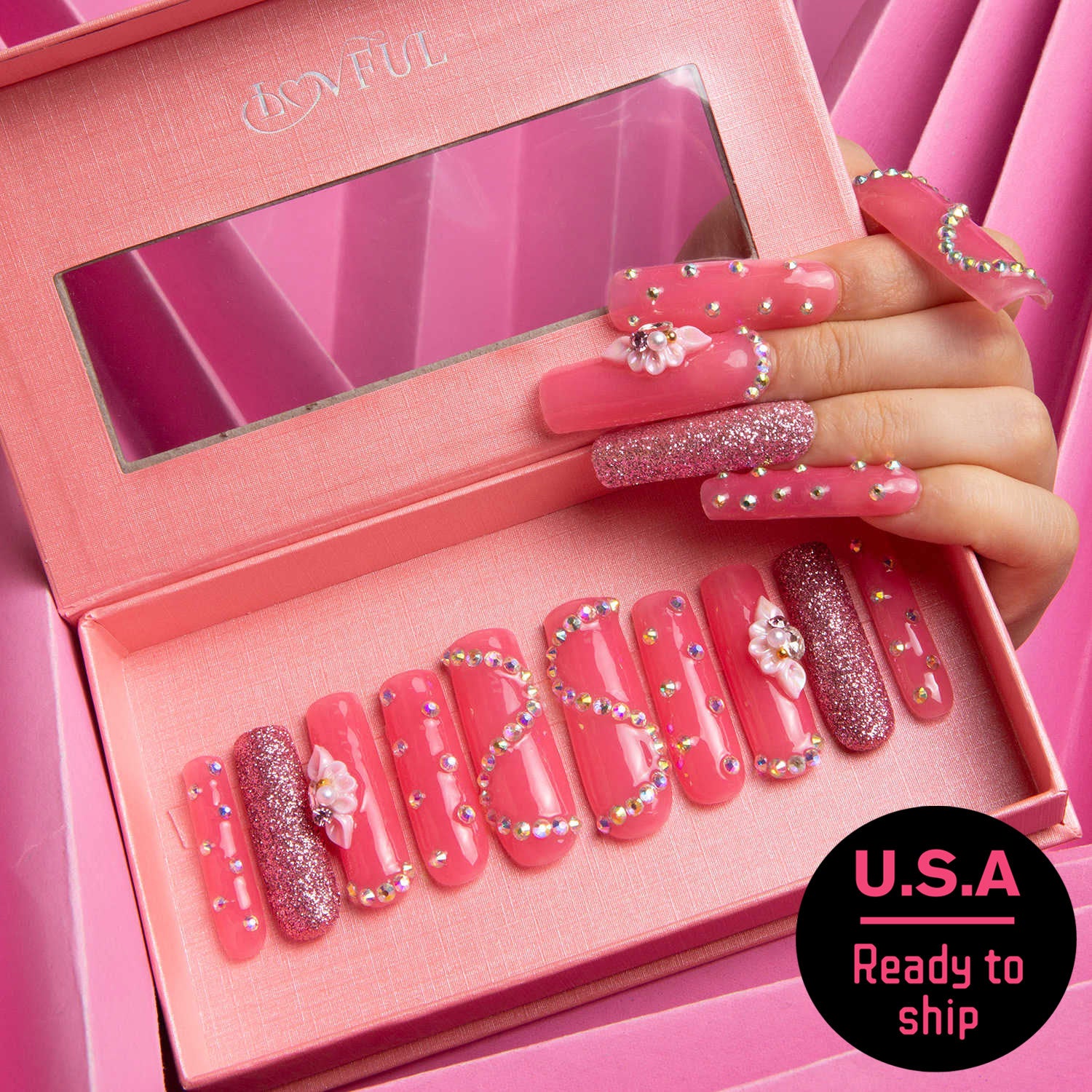 Shimmer Blossom Pink Handmade Square Nails H96 RTS