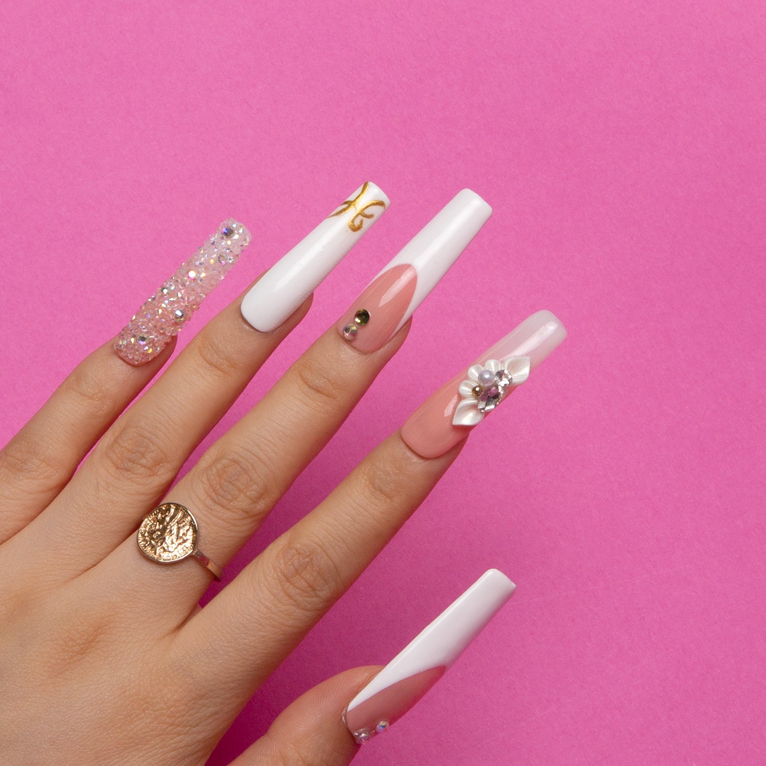 Lovful Only You French Tip Press On Nails. Square shape with rhinestone details.