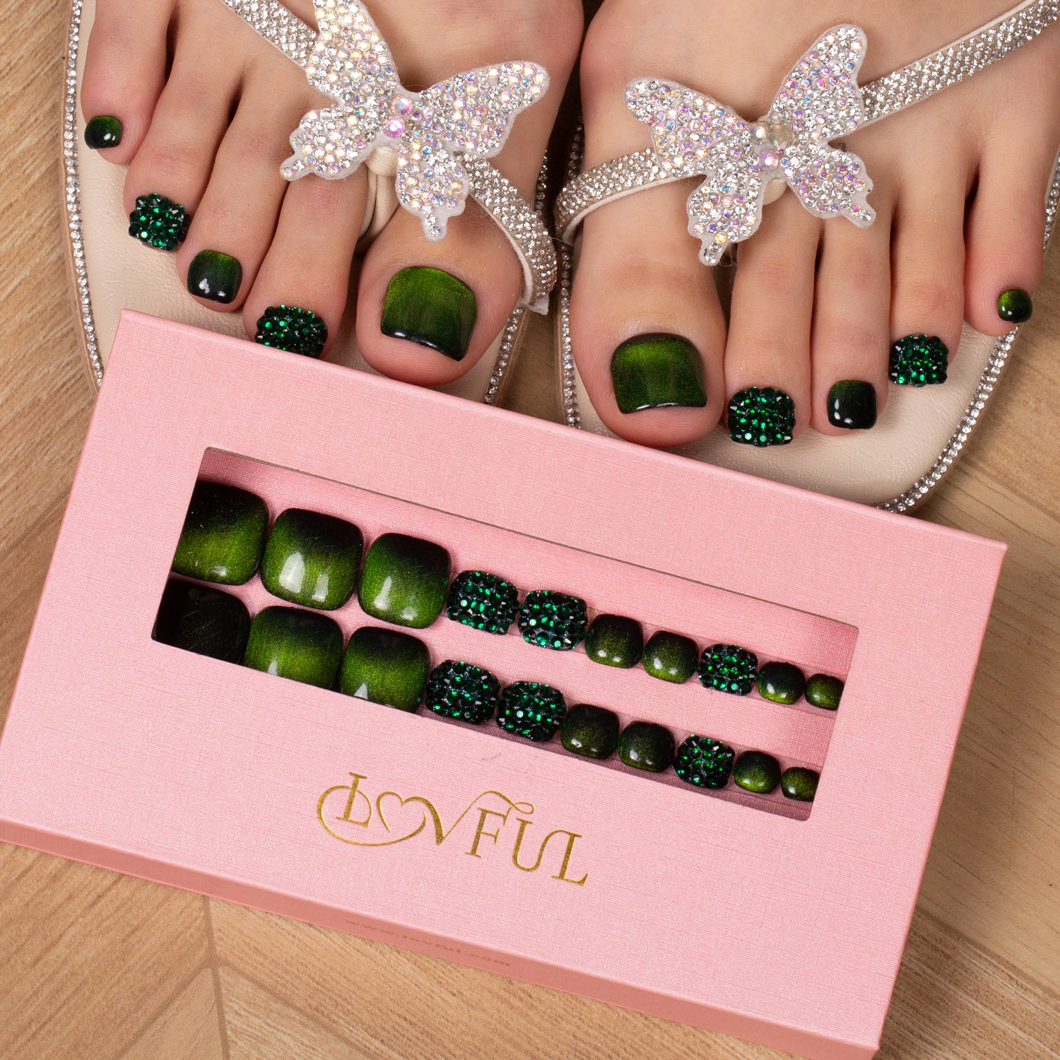 T147 - Classic Green Rhinestone - 20 Pcs FREE SIZE Toe Nails - RTS