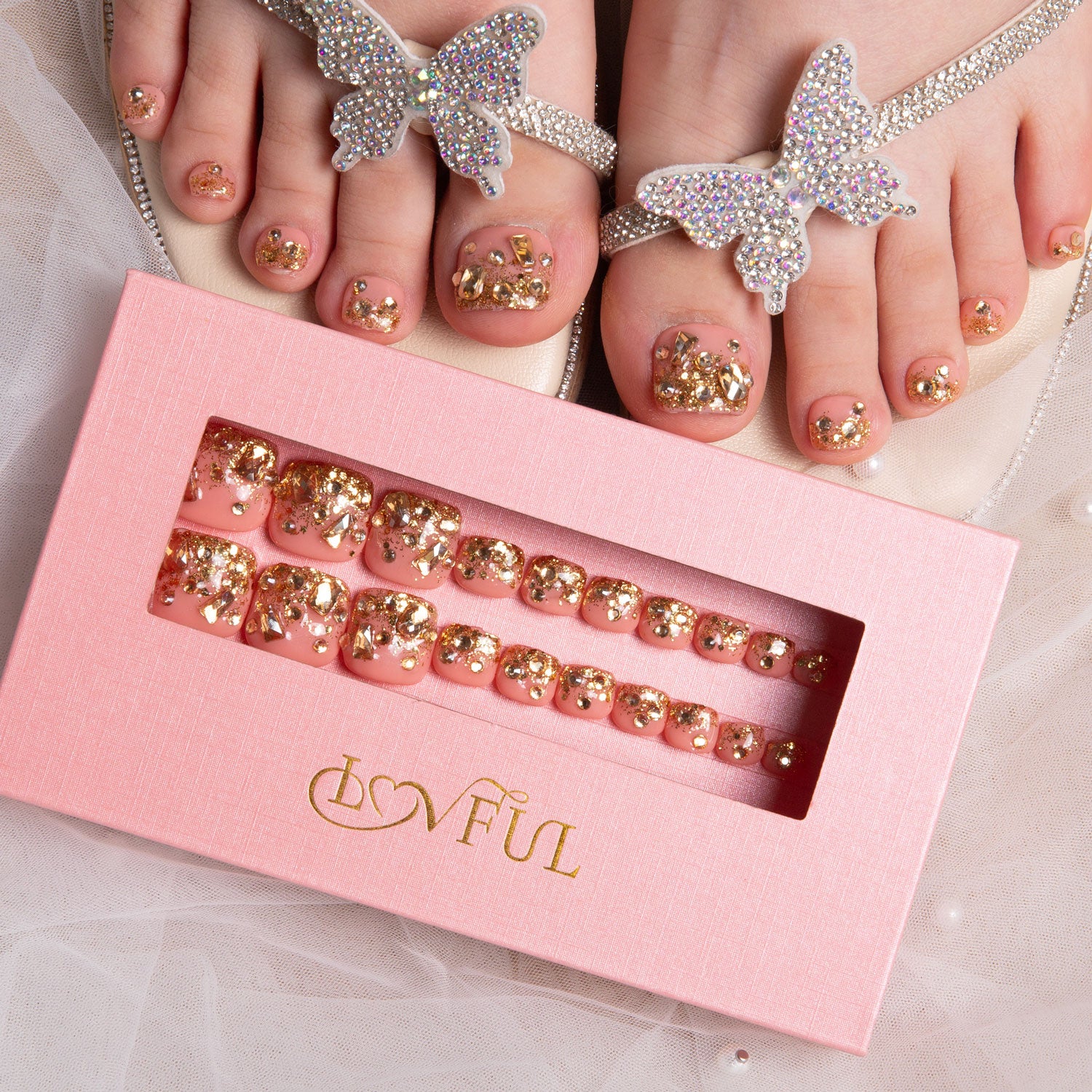 Golden Glitter T84 Toe Nails- 20Pcs Free Size