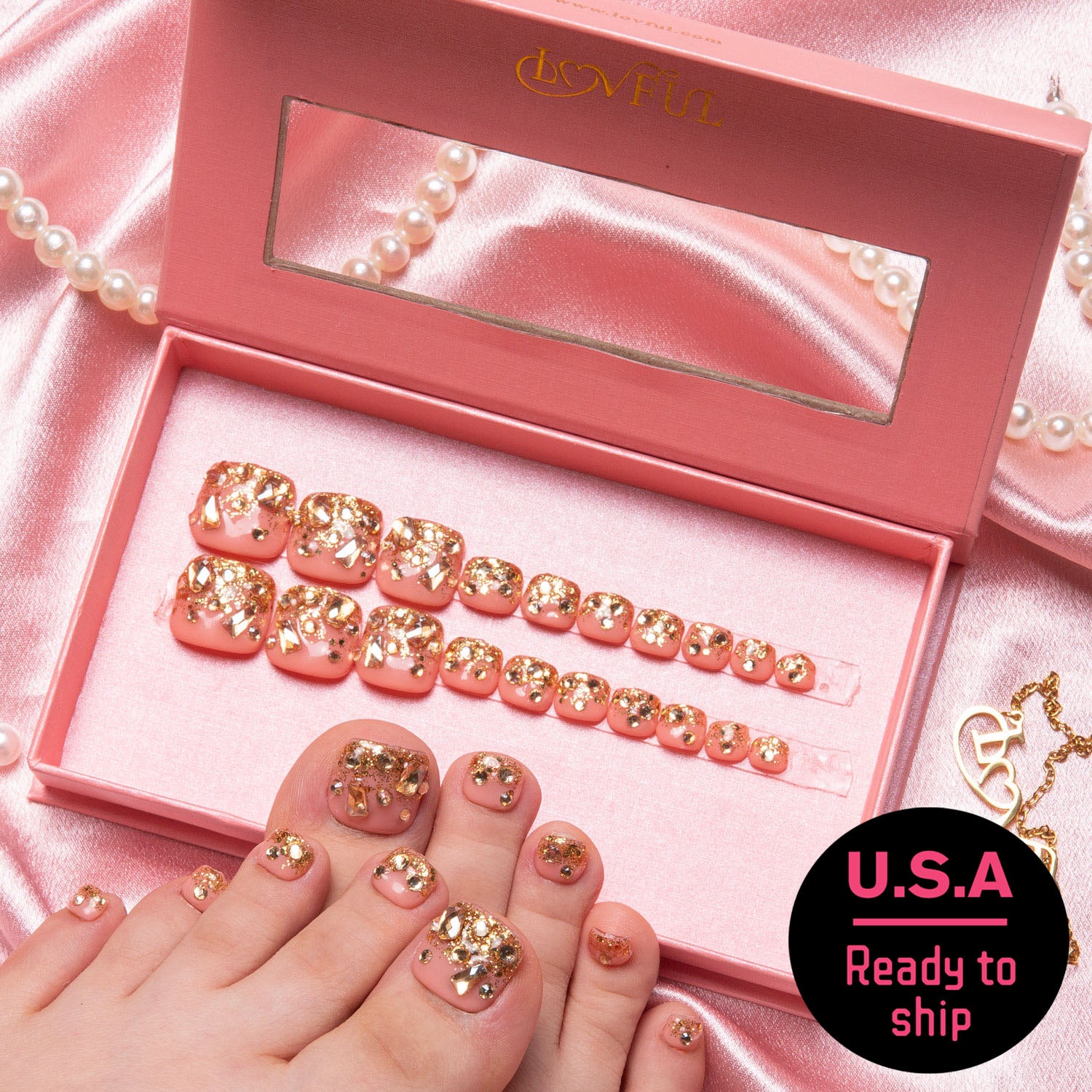 T84 - Golden Glitter - 20 Pcs FREE SIZE Toe Nails - RTS