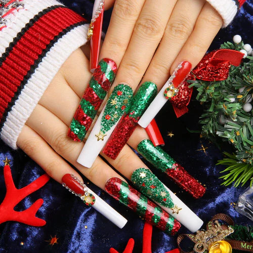 Christmas Press On Nails adorned with red and green glitter, perfect for the holiday season.