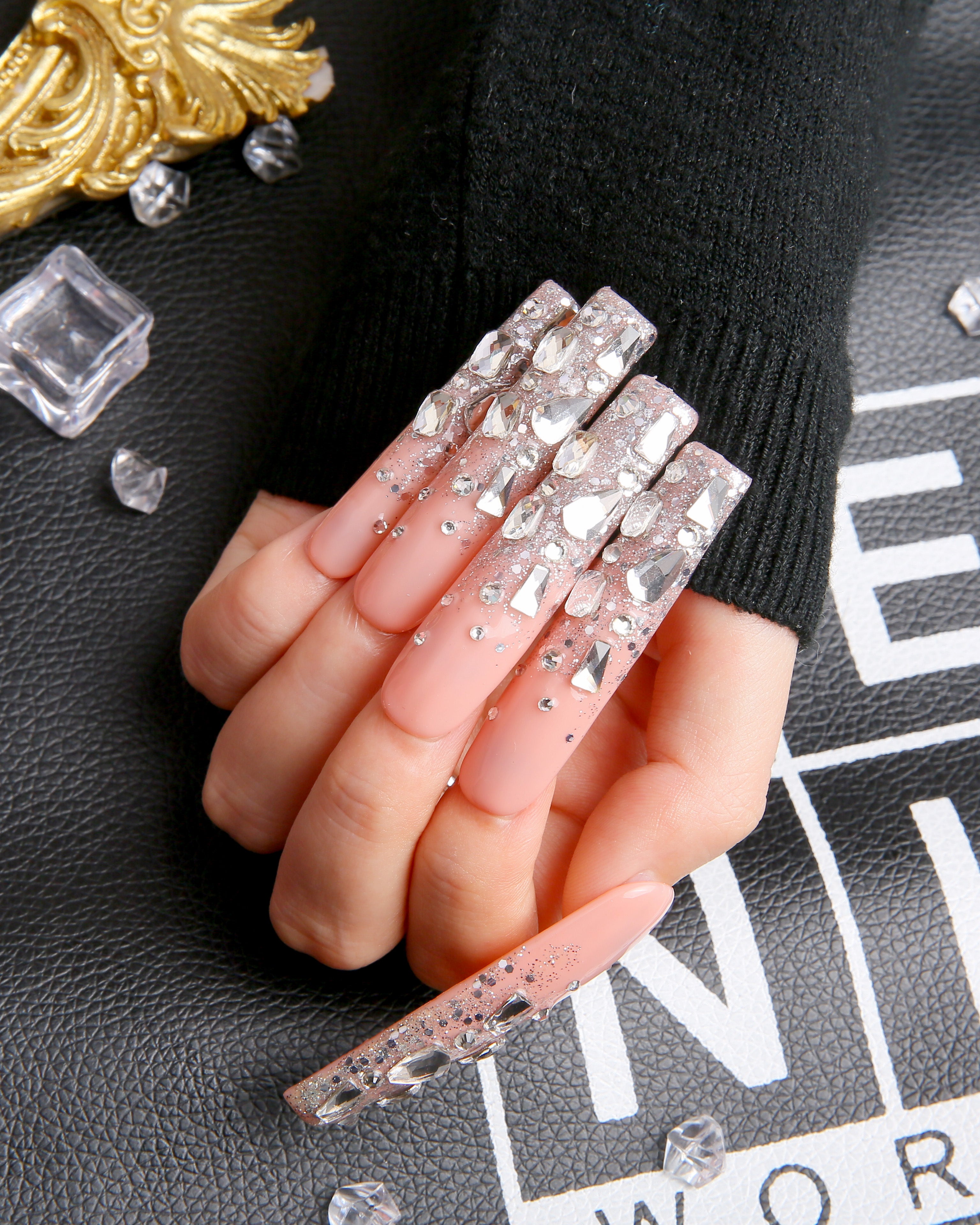 silver wind rhinestone press on nails