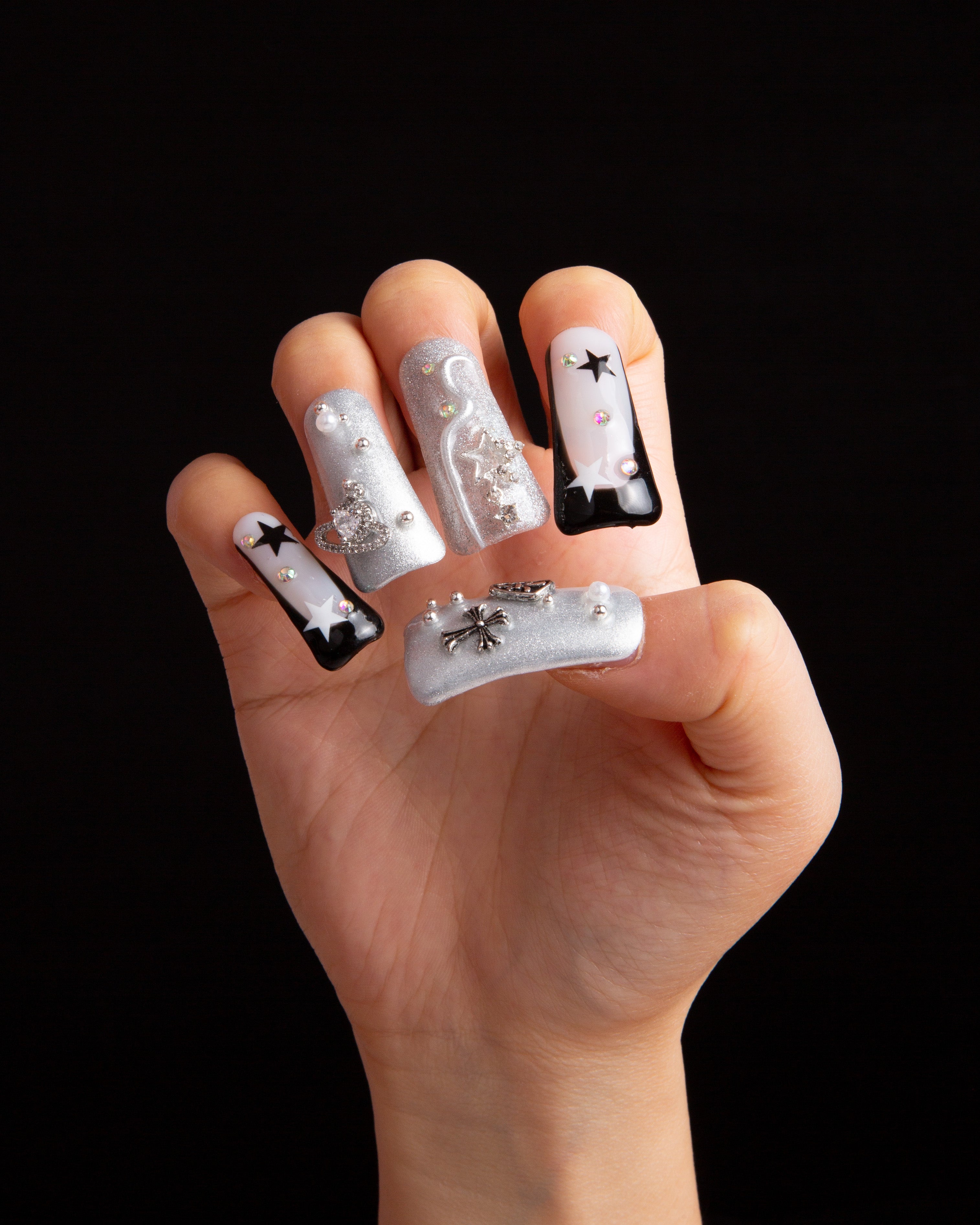 silver planet press on nails