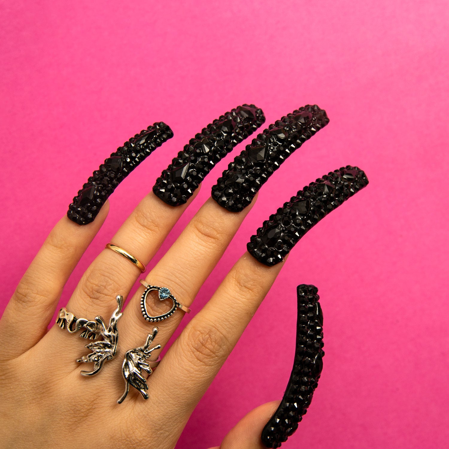 Classic Black Rhinestone Handmade Curve Nails H146