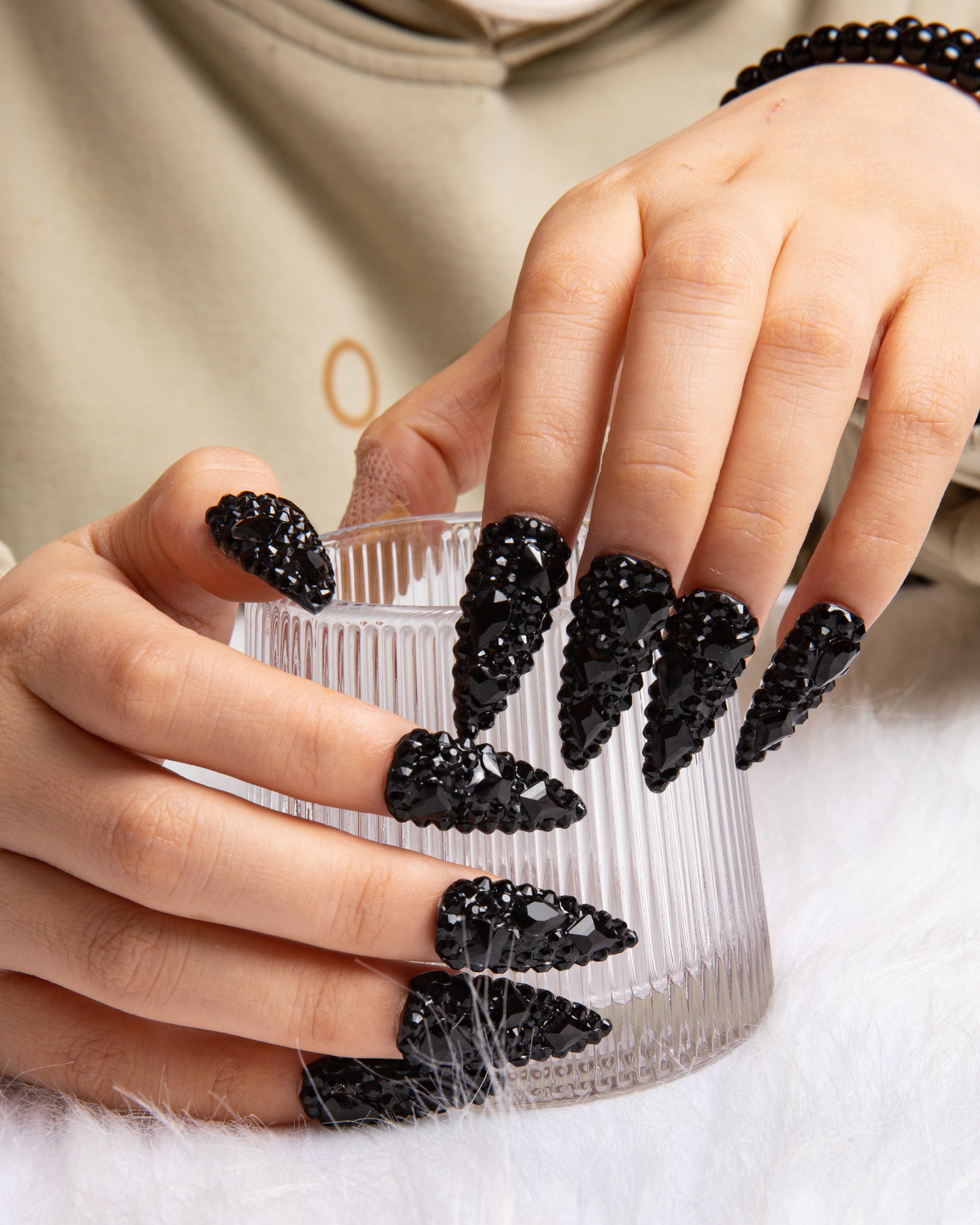 black rhinestone press on nails