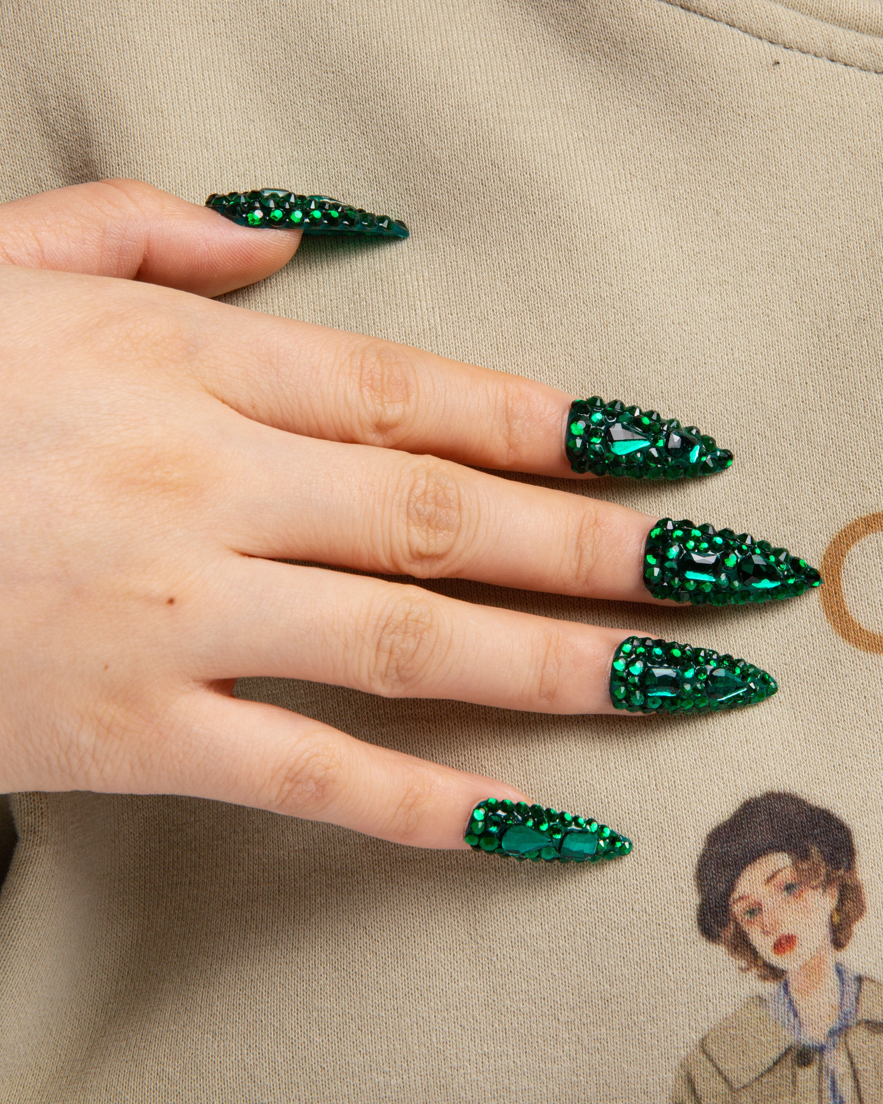 green rhinestone press on nails