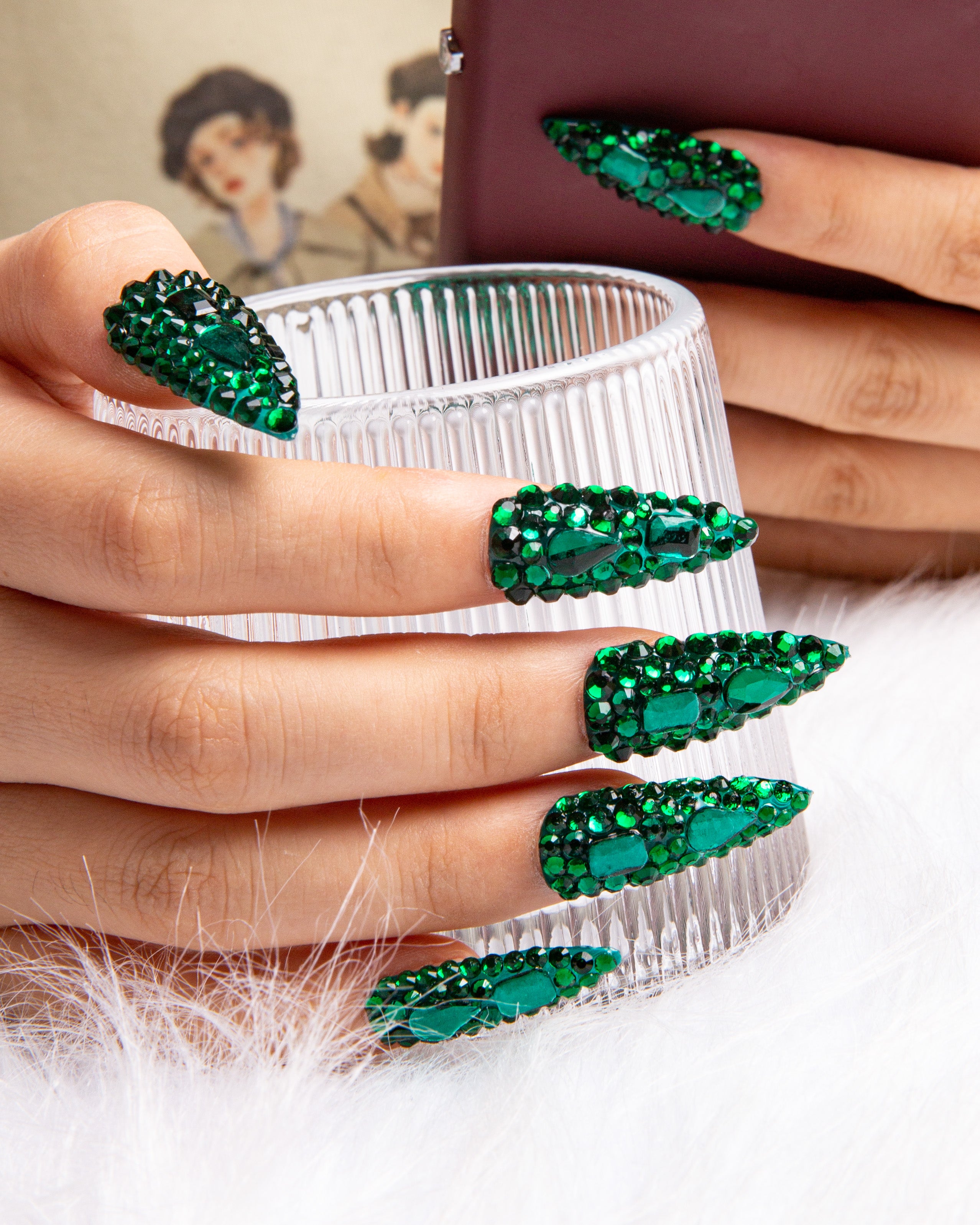 green rhinestone press on nails