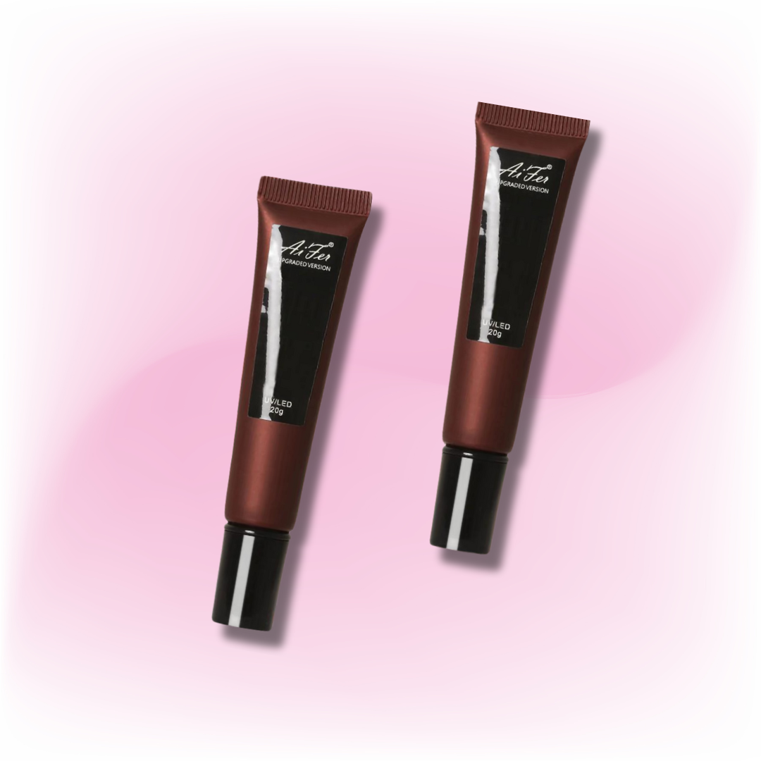 Lovful Nail Glue Gel 20ml for Press On Nails, dark red tubes with black caps on a pink gradient background