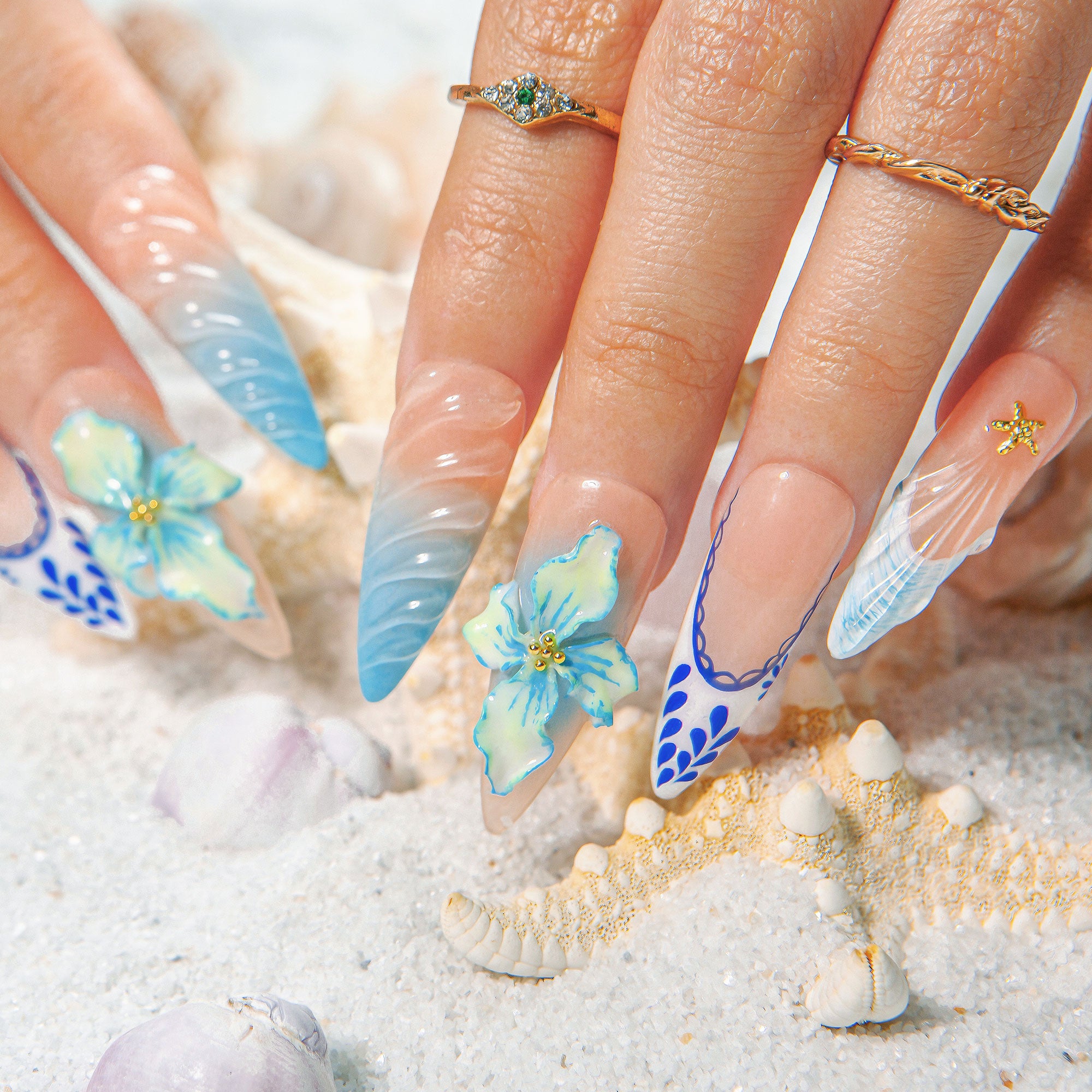 Summer Siren Handmade Stiletto Nails H551 RTS