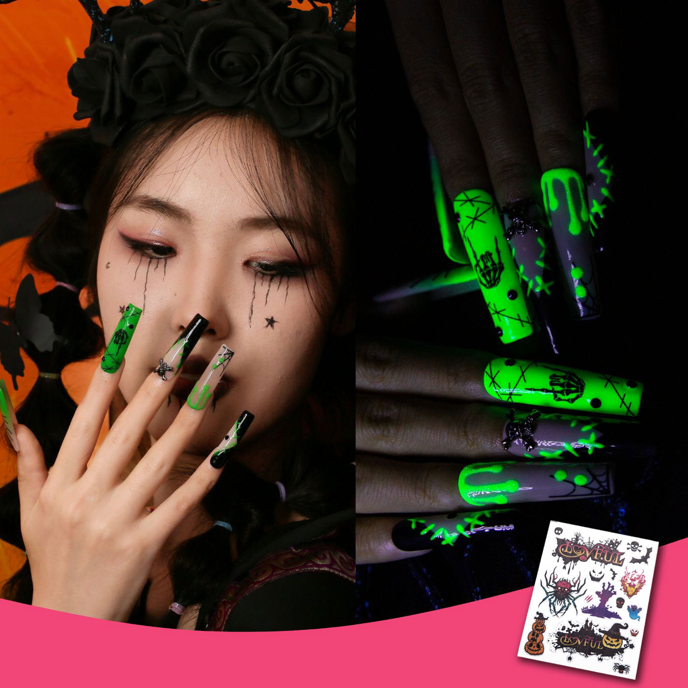 Luminous Lurker Handmade Nails GLOW IN THE DARK 24pcs H339