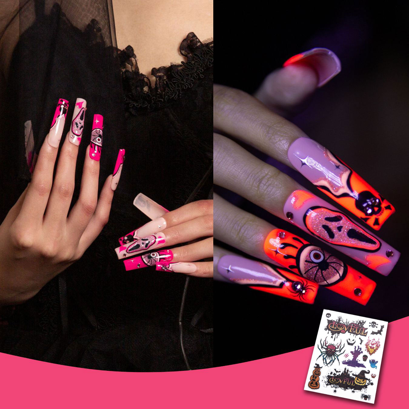 Pink Scream Handmade Nails GLOW IN THE DARK 24pcs H338