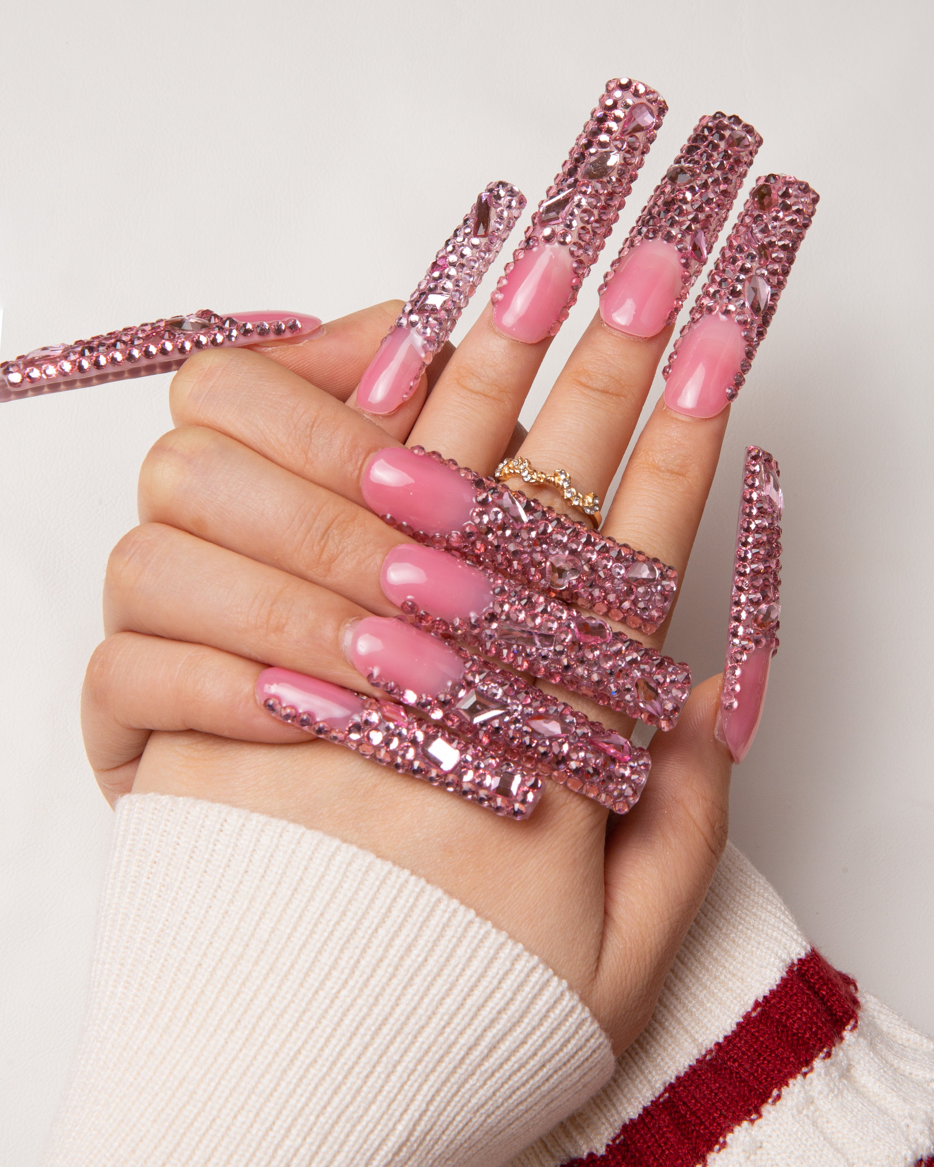 pink French tip rhinestone press on nails