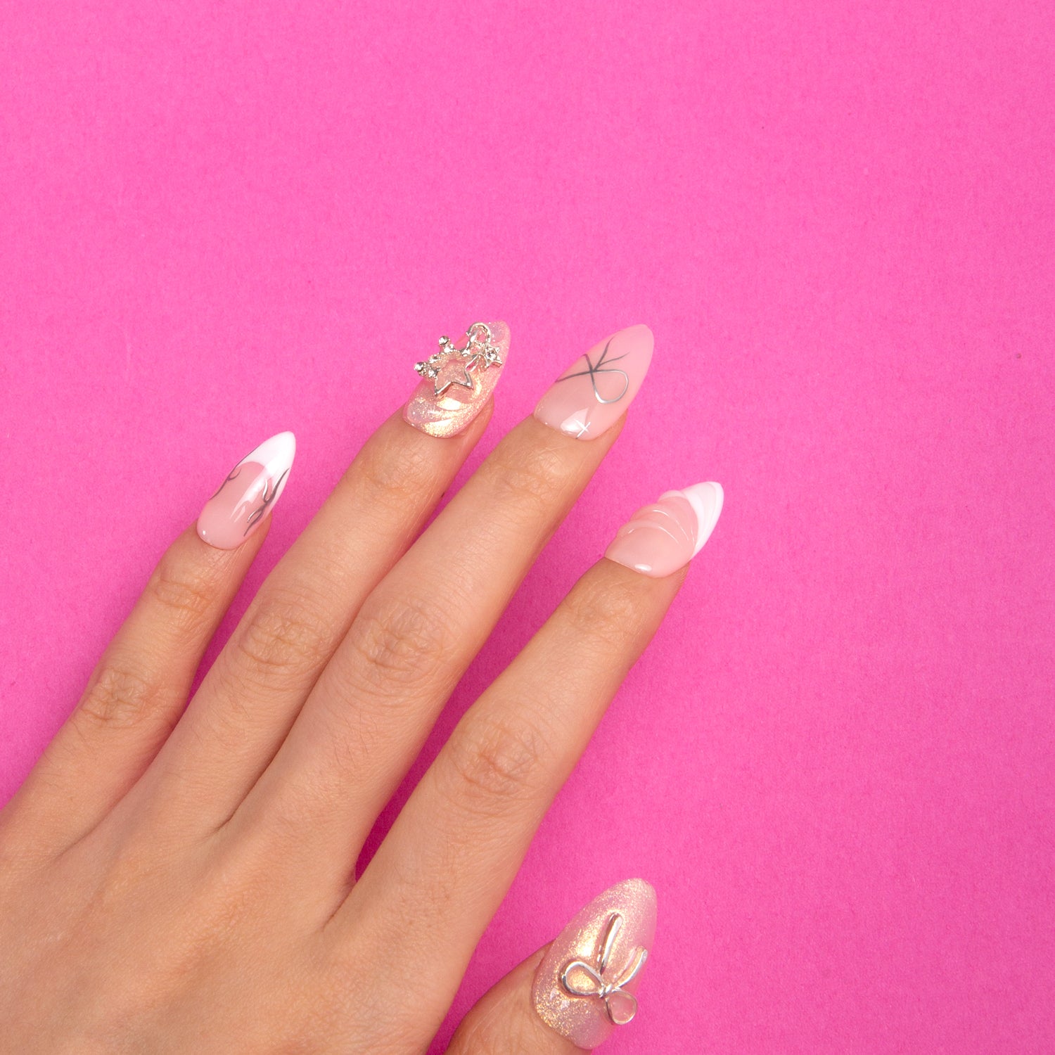 Dazzling Star French Tip Handmade Almond Nails H294