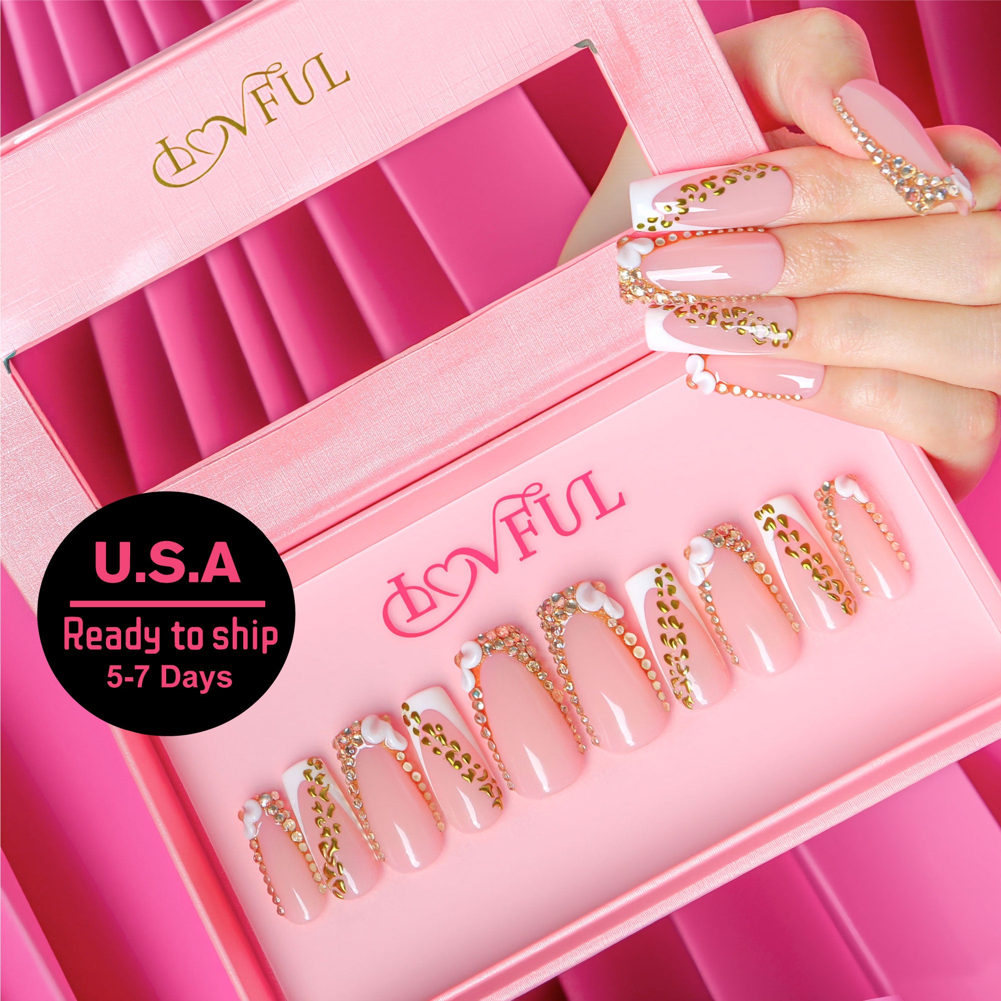 Gold Crystal Handmade Square Nails H706 RTS