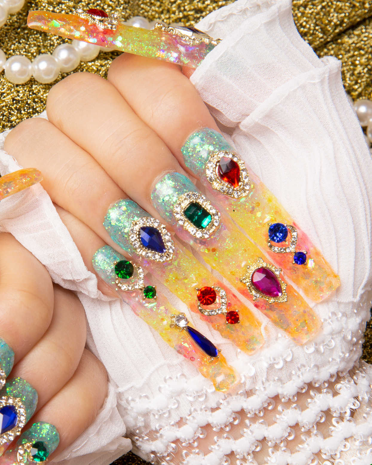 colorful rhinestone press on nail