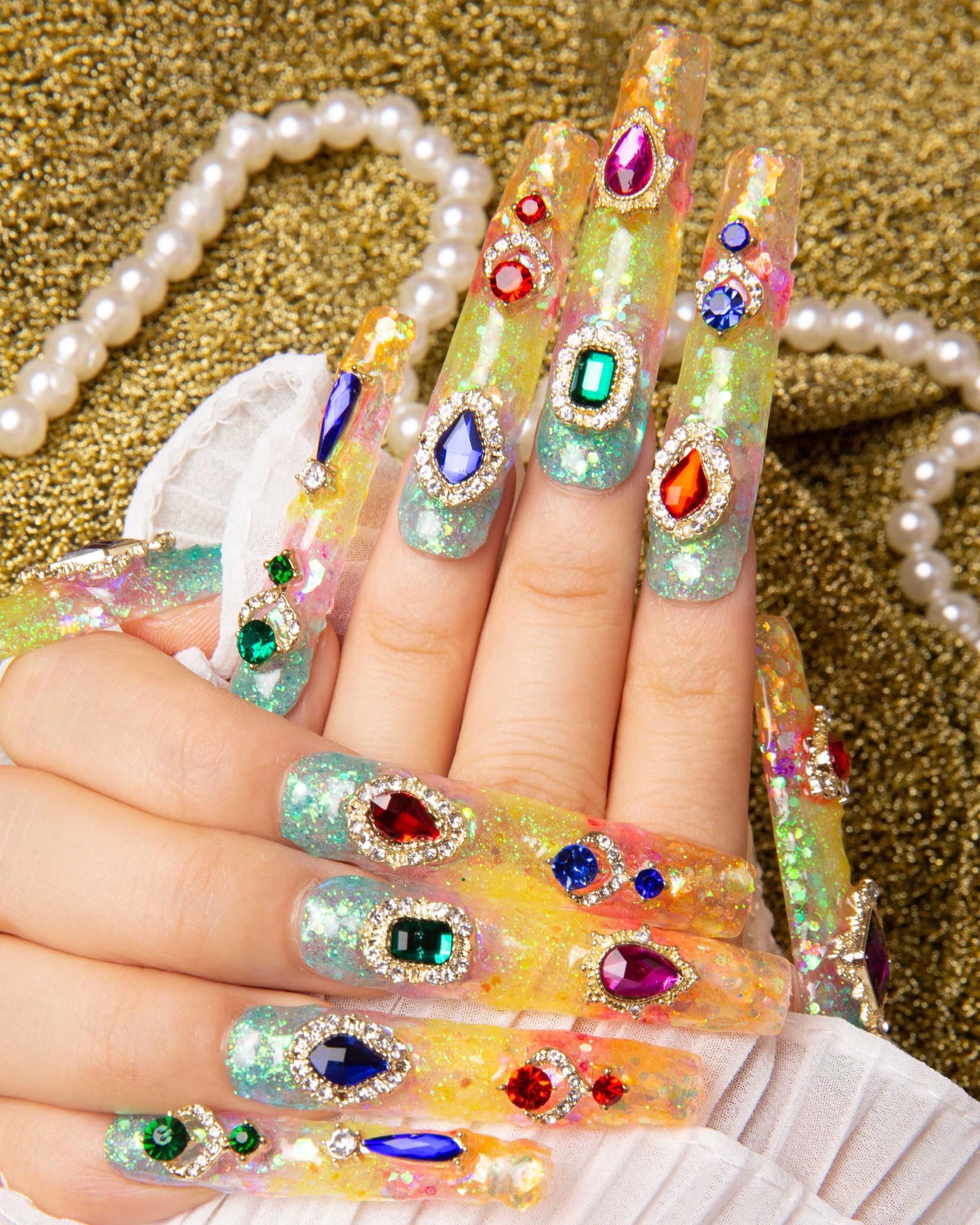 colorful rhinestone press on nail