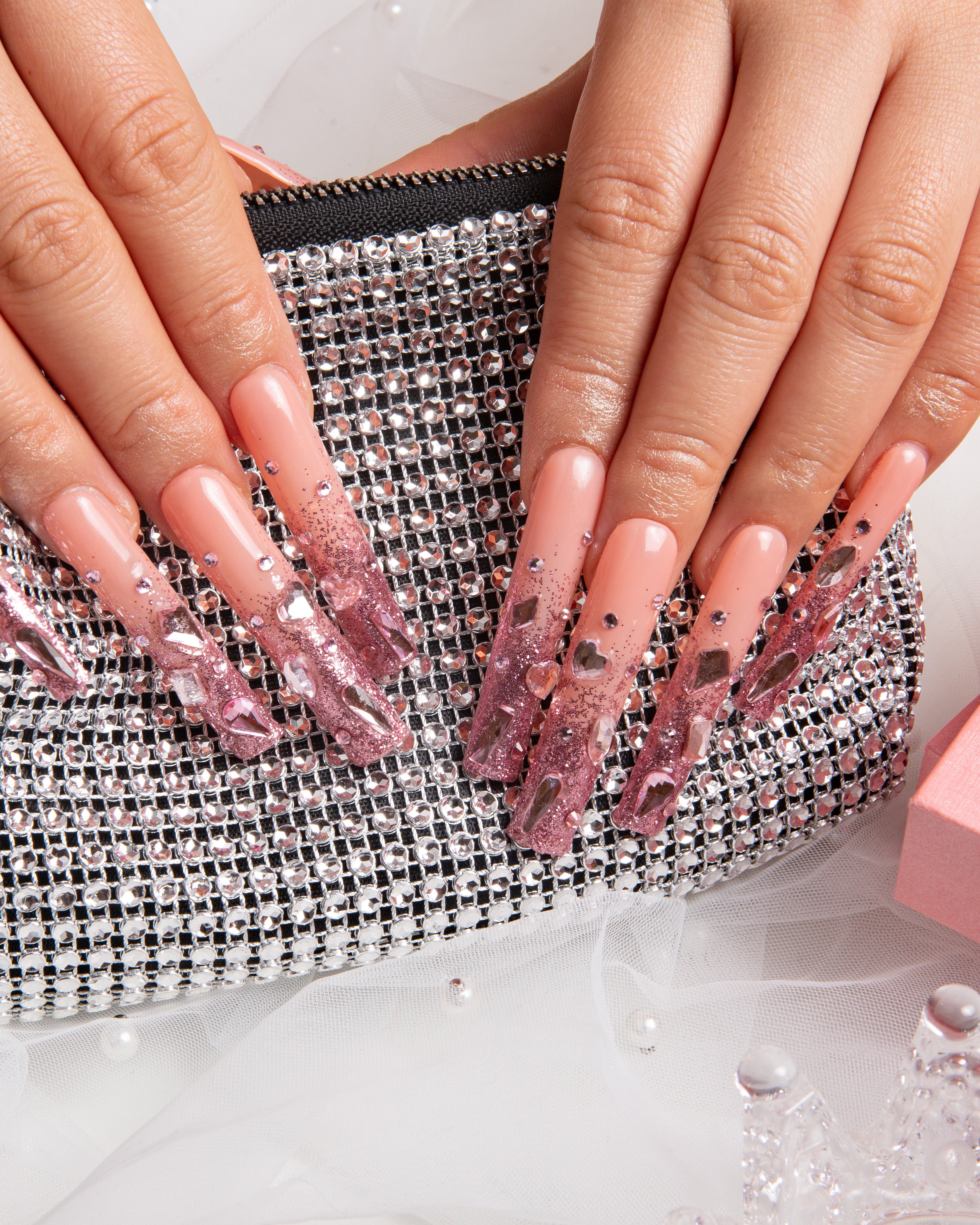 pink French tip rhinestone press on nails