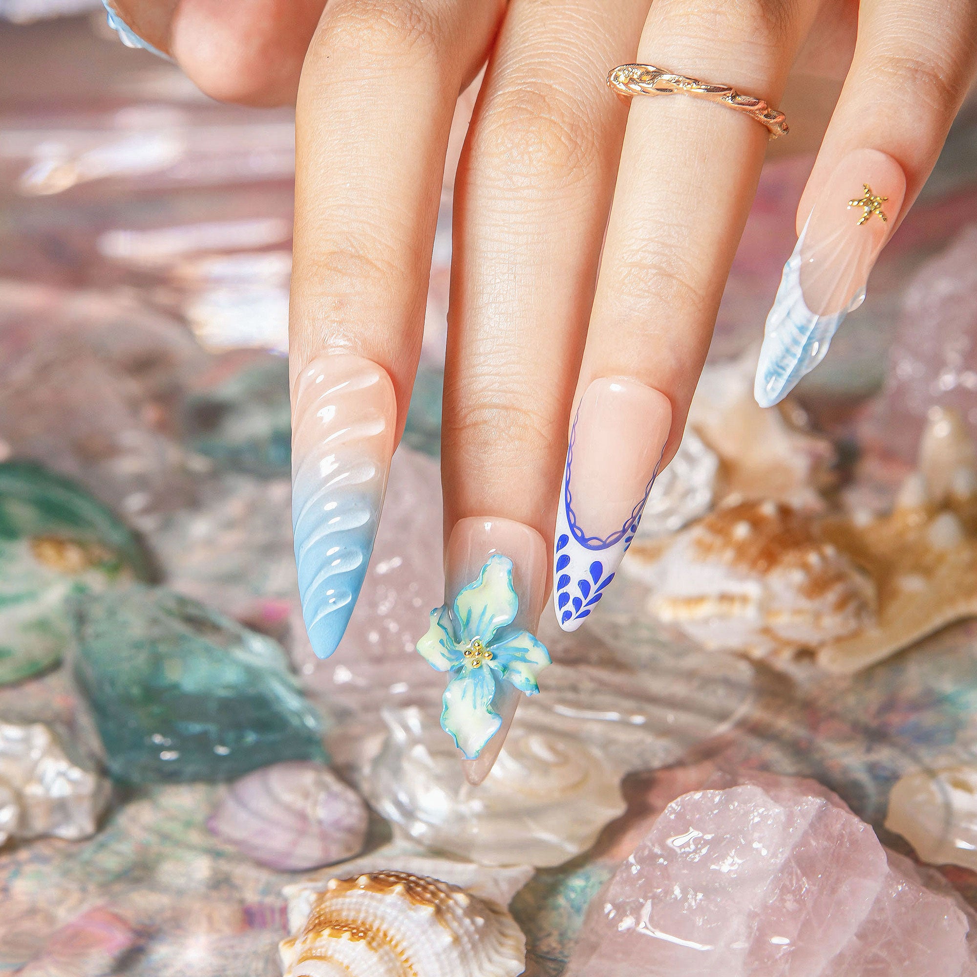 Summer Siren Handmade Stiletto Nails H551 RTS